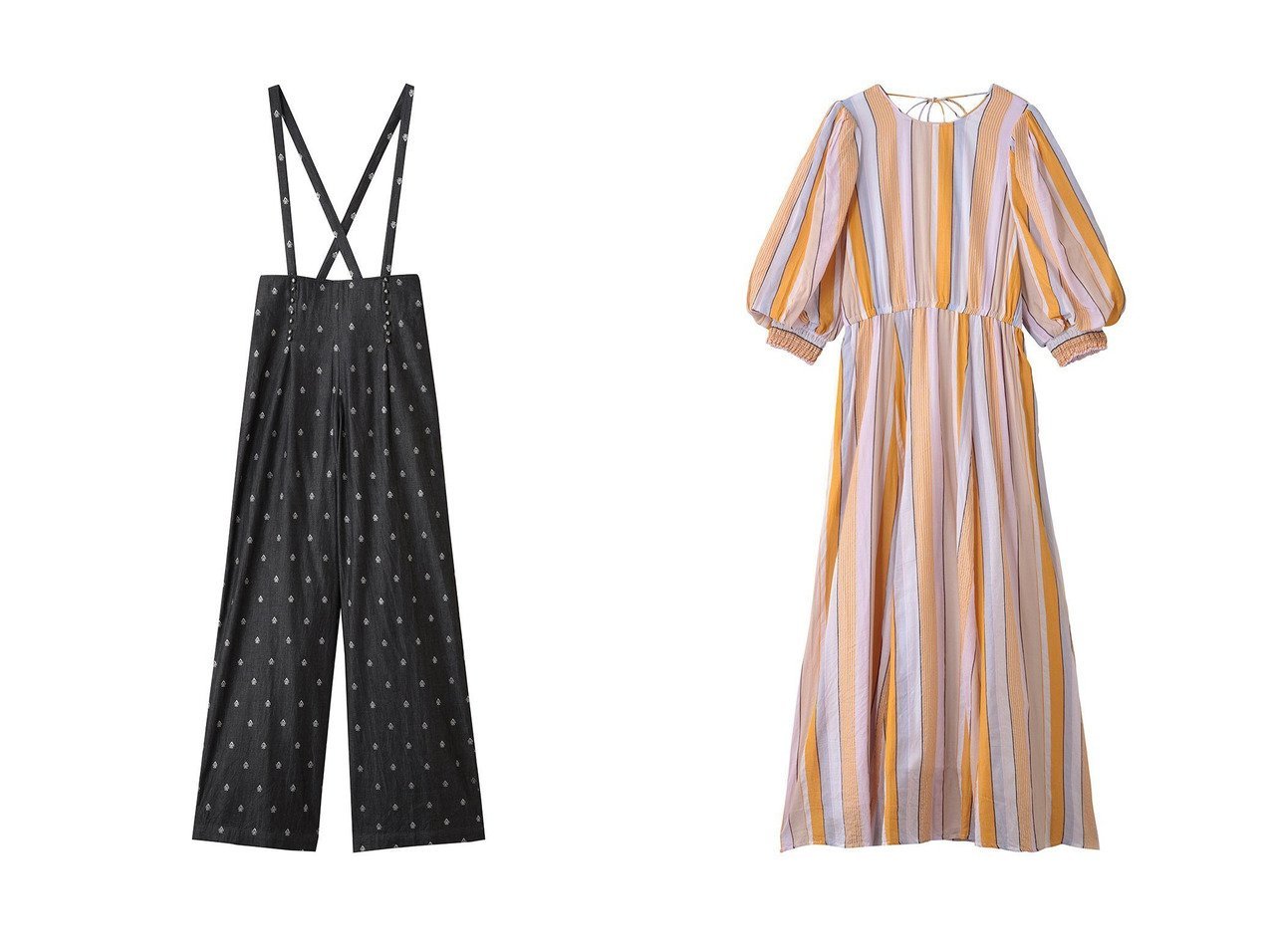 【NE QUITTEZ PAS/ヌキテパ】のDENIM FOIL PRINT ボタン パンツ&COTTON VOILE ストライプ ボリューム スリーブ ドレス 秋冬におすすめ！トレンド、レディースファッションの通販 おすすめ人気トレンドファッション通販アイテム インテリア・キッズ・メンズ・レディースファッション・服の通販 founy(ファニー) 　ファッション　Fashion　レディースファッション　Fashion for Women　パンツ　Pants & Trousers　ワンピース　Dresses　フォーマル・パーティードレス・結婚式用ドレス　Elegant & Casual Dresses　チュニック　Tunic Tops & Dresses　おすすめ　Recommended / Our Picks　カットソー　Cut and Sewn Top　サスペンダー　Suspenders, Braces　シャンブレー　Chambray, Denim-Like Fabric　シルバー　Silver, Metallic Silver　シンプル　Simple, Minimal　デニム　Denim, Jeans Material　プリント　Print, Printed Pattern　メタル　Metal, Metal Parts　新作・新入荷　New Arrivals / New In　ブラック系　Black　ベージュ系　Beige　ピンク系　Pink　グリーン系　Green　|ID:crp329100000223003