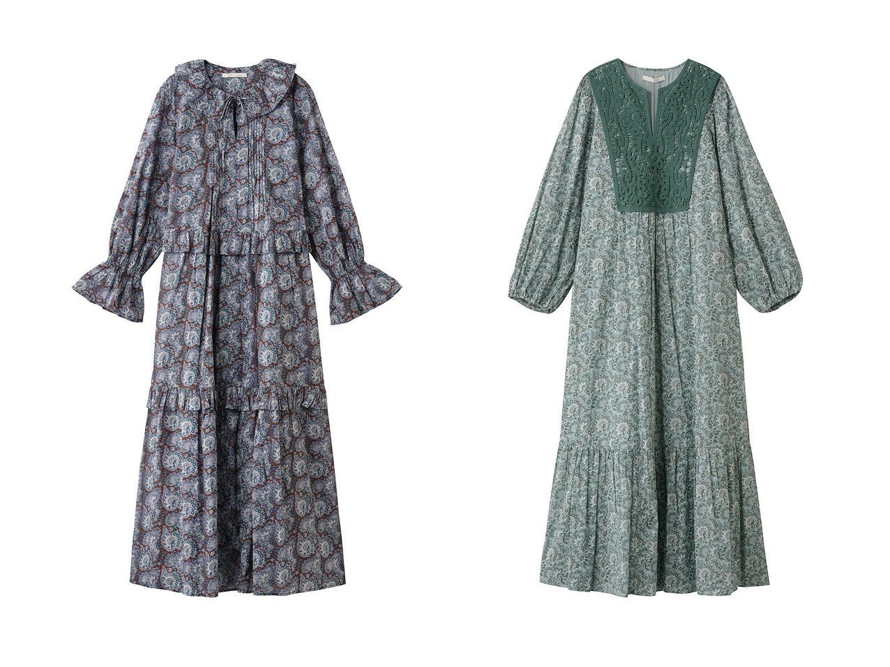 【NE QUITTEZ PAS/ヌキテパ】のCOTTON ORGANZA ペイズリー ダンス フリル ドレス&COTTON ORGANZA ペイズリー ダンス レース ヨーク ドレス 秋冬におすすめ！トレンド、レディースファッションの通販 おすすめ人気トレンドファッション通販アイテム インテリア・キッズ・メンズ・レディースファッション・服の通販 founy(ファニー) 　ファッション　Fashion　レディースファッション　Fashion for Women　ワンピース　Dresses　フォーマル・パーティードレス・結婚式用ドレス　Elegant & Casual Dresses　チュニック　Tunic Tops & Dresses　チュニック　Tunic, Long Top　ドレス　Dress, One-Piece　フリル　Frill, Ruffle　ペイズリー　Paisley, Ethnic Pattern　リゾート　Resort, Vacation Style　ロング　Long, Long-Length　新作・新入荷　New Arrivals / New In　ブルー系　Blue　|ID:crp329100000223004
