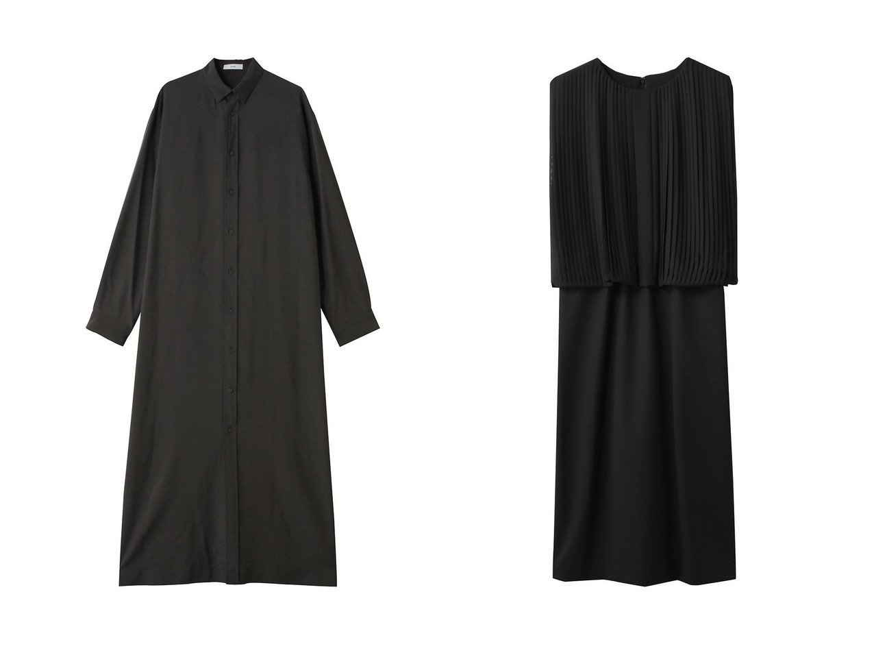 【ATON/エイトン】のSILK SUEDE ボタンダウン シャツ ドレス&【esteta/エステータ】のウールトロドライストレッチ プリーツコンビ ワンピース 秋冬におすすめ！トレンド、レディースファッションの通販 おすすめ人気トレンドファッション通販アイテム インテリア・キッズ・メンズ・レディースファッション・服の通販 founy(ファニー) 　ファッション　Fashion　レディースファッション　Fashion for Women　ワンピース　Dresses　フォーマル・パーティードレス・結婚式用ドレス　Elegant & Casual Dresses　チュニック　Tunic Tops & Dresses　シルク　Silk, 100% Silk　ストレート　Straight, Straight Cut　ダウン　Down, Puffer　チュニック　Tunic, Long Top　ドレス　Dress, One-Piece　ロング　Long, Long-Length　新作・新入荷　New Arrivals / New In　グレー系　Gray　ブラック系　Black　|ID:crp329100000223019