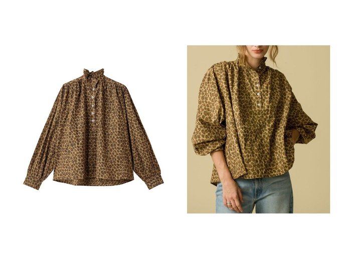 【SZ Blockprints/エスゼット ブロックプリント】のKALI TOP LEOPARD フリルスタンドカラーシャツ 秋冬におすすめ！トレンド、レディースファッションの通販 おすすめ人気トレンドファッション通販アイテム インテリア・キッズ・メンズ・レディースファッション・服の通販 founy(ファニー) https://founy.com/ ファッション Fashion レディースファッション Fashion for Women トップス・カットソー Cut & Sew Tops シャツ・ブラウス・オフィスカジュアル Elegant Blouses & Button-Ups エレガント 上品 Elegant ギャザー Gathered, Ruffled スタンド Stand Collar, Upright Stand スリーブ Sleeve, Long Sleeve / Short Sleeve フリル Frill, Ruffle レオパード Leopard, Animal Print ロング Long, Long-Length 新作・新入荷 New Arrivals / New In |ID:crp329100000223034