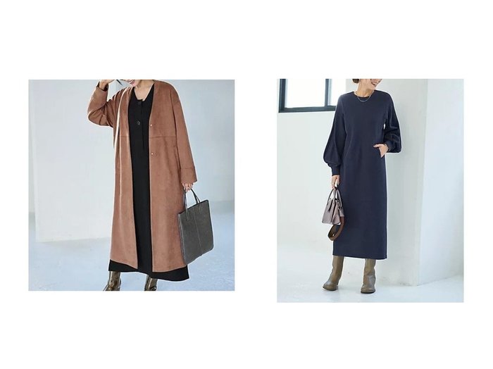 【STYLE DELI/スタイルデリ】の【Made in JAPAN】ダブルフェイスニットソー/Iラインワンピース&フェイクスエードノーカラーコート/ロング丈 おすすめ！トレンド、レディースファッションの通販 おすすめ人気トレンドファッション通販アイテム 人気、トレンドファッション・服の通販 founy(ファニー) ファッション Fashion レディースファッション Fashion for Women アウター Coat / Outerwear Collection コート・ロングコート・ピーコート Long Coats, Peacoats & More ワンピース Dresses アクセサリー Fashion Accessories 春 Spring 秋 Autumn くるぶし Ankle-Length 軽量 Lightweight, Ultra Light ショルダー Shoulder, Shoulder Strap シンプル Simple, Minimal ストレッチ Stretch, Stretchy Fabric スリット Slit, Slit Detail スリーブ Sleeve, Long Sleeve / Short Sleeve ドロップ Drop Shoulder, Dropped Style 定番 Standard, Basic Item なめらか Smooth, Silky Texture フラット Flat, Flat Shoes フロント Front, Front Design ボンディング Bonding, Bonded Fabric ポケット Pocket, Pocket Detail ロング Long, Long-Length 冬 Winter / This Winter インナー Innerwear カットソー Cut and Sewn Top ギャザー Gathered, Ruffled センター Center, Center Line タートルネック Turtleneck, High Neck ダブル Double, Double-Breasted |ID:crp329100000223074