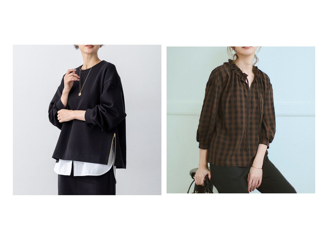【NIJYUSANKU/23区】の【/WEB 一部店舗限定】ブロックチェック フリル ブラウス&【/洗える】コットンエアーダンボール サイドジップ カットソー おすすめ！トレンド、レディースファッションの通販 おすすめ人気トレンドファッション通販アイテム インテリア・キッズ・メンズ・レディースファッション・服の通販 founy(ファニー) 　ファッション　Fashion　レディースファッション　Fashion for Women　トップス・カットソー　Cut & Sew Tops　シャツ・ブラウス・オフィスカジュアル　Elegant Blouses & Button-Ups　ロングTシャツ・Tシャツ　Longline T-Shirts & Tees　カットソー・ベーシックTシャツ　Cut-and-Sewn Tops / Stretch Tees & Basics　インナー　Innerwear　洗える　Machine Washable　カットソー　Cut and Sewn Top　コクーン　Cocoon, Cocoon Silhouette　サイドジップ　Side Zip, Side Zipper　シンプル　Simple, Minimal　スリット　Slit, Slit Detail　A/W・秋冬　Autumn/Winter　冬　Winter / This Winter　新作・新入荷　New Arrivals / New In　エレガント 上品　Elegant　2025年　2025　2025-2026秋冬・A/W　Autumn/Winter 2025–26 AW25–26　ブラック系　Black　グレー系　Gray　ベージュ系　Beige　ブラウン系　Brown　|ID:crp329100000223092