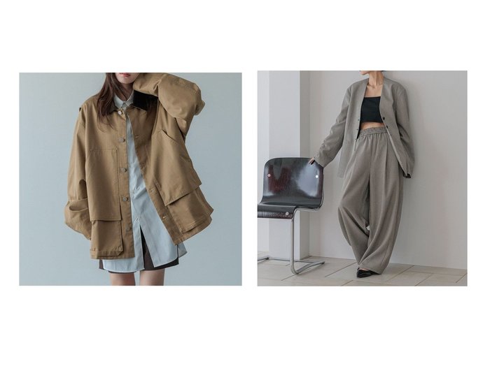 【LOWRYS FARM/ローリーズファーム】のTRノーカラージャケット&TWILLハンティングブルゾン プチプライス おすすめ！トレンド、レディースファッションの通販 おすすめ人気トレンドファッション通販アイテム 人気、トレンドファッション・服の通販 founy(ファニー) ファッション Fashion レディースファッション Fashion for Women アウター Coat / Outerwear Collection ブルゾンジャケット・スポーティアウター Blouson Jackets レディースジャケット・軽アウター Jackets ノーカラージャケット / シンプル上品コーデ Collarless Jackets ジャケット Jacket, Outerwear ツイル Twist, Twisted Detail フロント Front, Front Design ブルゾン Blouson, Bomber Jacket プリーツ Pleats, Pleated ポケット Pocket, Pocket Detail ミドル Middle Length, Mid Height おすすめ Recommended / Our Picks セットアップ Set-Up, Coordinated Outfit デニム Denim, Jeans Material ボトム Bottoms, Lower Wear |ID:crp329100000223158