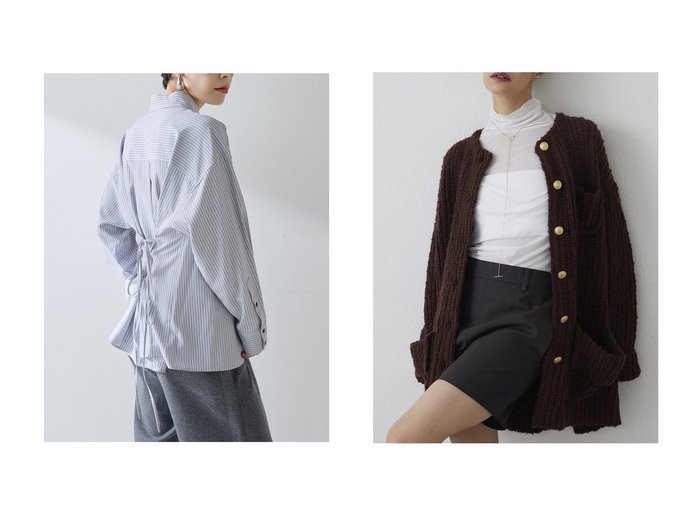 【Whim Gazette/ウィムガゼット】の【THE PAUSE】ニットボタンジャケット&【THE PAUSE】ストライプシェイプシャツ おすすめ！トレンド、レディースファッションの通販 おすすめ人気トレンドファッション通販アイテム 人気、トレンドファッション・服の通販 founy(ファニー) 　ファッション　Fashion　レディースファッション　Fashion for Women　トップス・カットソー　Cut & Sew Tops　シャツ・ブラウス・オフィスカジュアル　Elegant Blouses & Button-Ups　アウター　Coat / Outerwear Collection　レディースジャケット・軽アウター　Jackets　ストライプ　Stripe, Striped Pattern　スリーブ　Sleeve, Long Sleeve / Short Sleeve　フロント　Front, Front Design　レギュラー　Regular, Standard Fit　レース　Lace, Lace Fabric　ロング　Long, Long-Length　エレガント 上品　Elegant　新作・新入荷　New Arrivals / New In　おすすめ　Recommended / Our Picks　クラシカル　Classical, Vintage-Inspired　シンプル　Simple, Minimal　ジャケット　Jacket, Outerwear　セットアップ　Set-Up, Coordinated Outfit　ボトム　Bottoms, Lower Wear　ポケット　Pocket, Pocket Detail　ミックス　Mix, Mixed Style　冬　Winter / This Winter　秋　Autumn　|ID:crp329100000223368