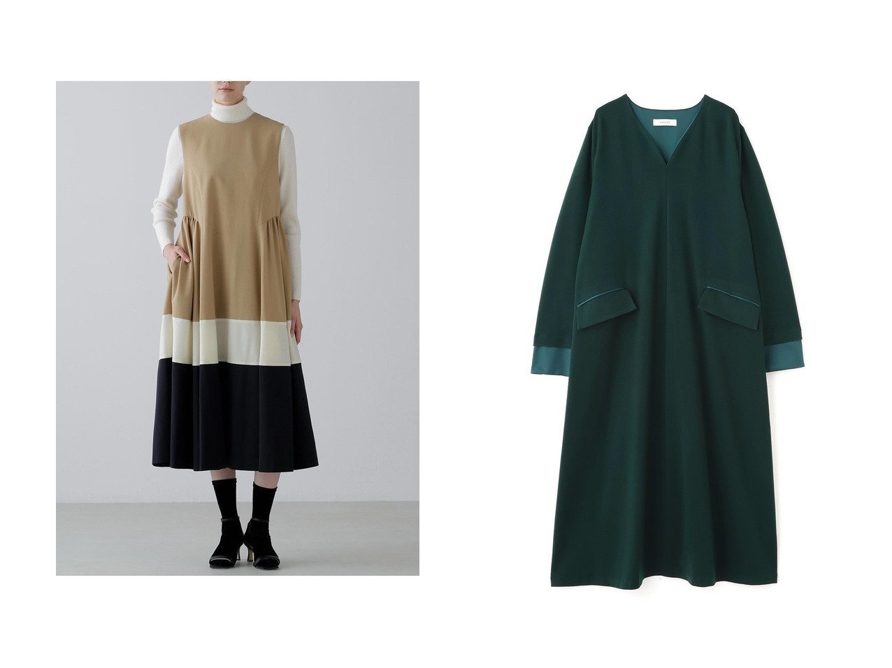 【ADORE/アドーア】のストレッチポンチワンピース&ドライハイブリットワンピース おすすめ！トレンド、レディースファッションの通販 おすすめ人気トレンドファッション通販アイテム インテリア・キッズ・メンズ・レディースファッション・服の通販 founy(ファニー) 　ファッション　Fashion　レディースファッション　Fashion for Women　ワンピース　Dresses　チュニック　Tunic Tops & Dresses　エレガント 上品　Elegant　コンビ　Combo, Combination Style　サテン　Satin, Glossy Fabric　チュニック　Tunic, Long Top　ロング　Long, Long-Length　新作・新入荷　New Arrivals / New In　グリーン系　Green　ブラック系　Black　ベージュ系　Beige　|ID:crp329100000223398