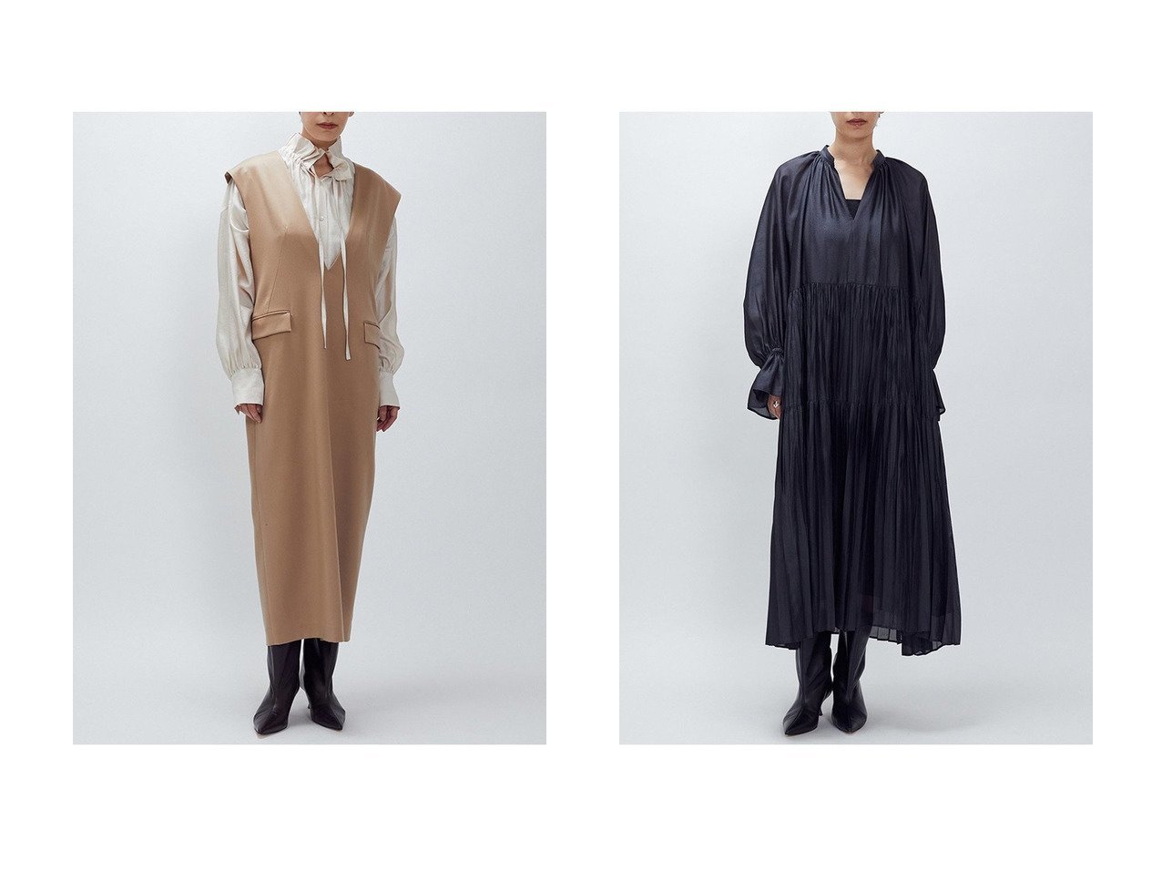 【1er Arrondissement/プルミエ アロンディスモン】のウールサテンワンピース&ティアード手絞りプリーツワンピース おすすめ！トレンド、レディースファッションの通販 おすすめ人気トレンドファッション通販アイテム インテリア・キッズ・メンズ・レディースファッション・服の通販 founy(ファニー) 　ファッション　Fashion　レディースファッション　Fashion for Women　ワンピース　Dresses　チュニック　Tunic Tops & Dresses　サテン　Satin, Glossy Fabric　チュニック　Tunic, Long Top　ロング　Long, Long-Length　エレガント 上品　Elegant　新作・新入荷　New Arrivals / New In　ベージュ系　Beige　ブルー系　Blue　グリーン系　Green　ブラック系　Black　ブラウン系　Brown　|ID:crp329100000223461