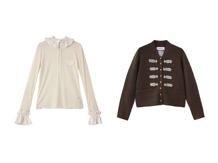【MUVEIL/ミュベール】のフリルハートパッチカットソー&ナポレオンニットジャケット おすすめ！トレンド、レディースファッションの通販 おすすめ人気トレンドファッション通販アイテム 人気、トレンドファッション・服の通販 founy(ファニー) ファッション Fashion レディースファッション Fashion for Women アウター Coat / Outerwear Collection レディースジャケット・軽アウター Jackets トップス・カットソー Cut & Sew Tops シャツ・ブラウス・オフィスカジュアル Elegant Blouses & Button-Ups ロングTシャツ・Tシャツ Longline T-Shirts & Tees カットソー・ベーシックTシャツ Cut-and-Sewn Tops / Stretch Tees & Basics クール Cool, Chic ショート Short, Short Length ジャカード／ジャガード Jacquard, Woven Pattern ジャケット Jacket, Outerwear ダブル Double, Double-Breasted パール Pearl, Pearl Accent マニッシュ Mannish, Boyish メタル Metal, Metal Parts モチーフ Motif, Design Theme 新作・新入荷 New Arrivals / New In |ID:crp329100000223621