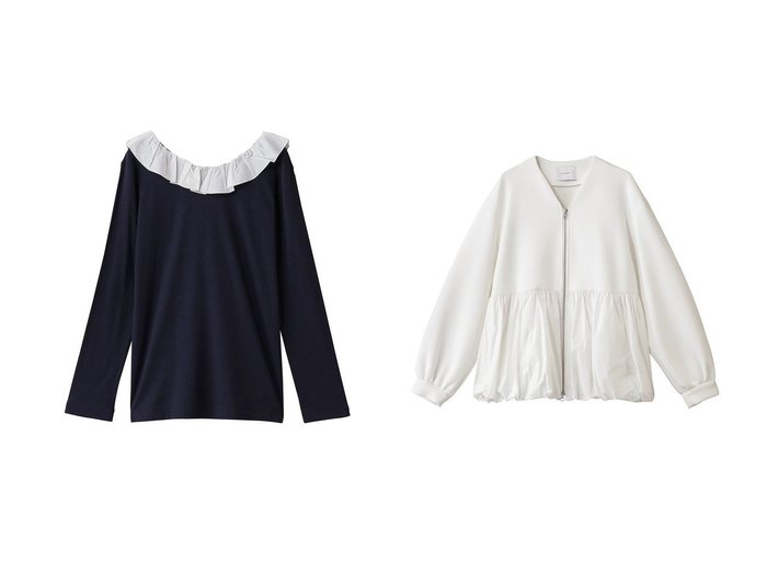 【MANOF/マノフ】の2WAY FRILL NECK CUT TOPS Tシャツ・カットソー&DOUBLE KNIT BALOON BLOUSON ブルゾン おすすめ！トレンド、レディースファッションの通販 おすすめ人気トレンドファッション通販アイテム 人気、トレンドファッション・服の通販 founy(ファニー) ファッション Fashion レディースファッション Fashion for Women トップス・カットソー Cut & Sew Tops シャツ・ブラウス・オフィスカジュアル Elegant Blouses & Button-Ups ロングTシャツ・Tシャツ Longline T-Shirts & Tees カットソー・ベーシックTシャツ Cut-and-Sewn Tops / Stretch Tees & Basics アウター Coat / Outerwear Collection レディースジャケット・軽アウター Jackets ブルゾンジャケット・スポーティアウター Blouson Jackets カットソー Cut and Sewn Top ジャケット Jacket, Outerwear スリーブ Sleeve, Long Sleeve / Short Sleeve フェミニン Feminine, Girly フリル Frill, Ruffle ロング Long, Long-Length 新作・新入荷 New Arrivals / New In 長袖 Long Sleeve, Full Sleeve ジップ Zip, Zipper タフタ Taffeta, Structured Fabric バルーン Balloon, Balloon Silhouette ブルゾン Blouson, Bomber Jacket ペプラム Peplum, Flared Hem |ID:crp329100000223679