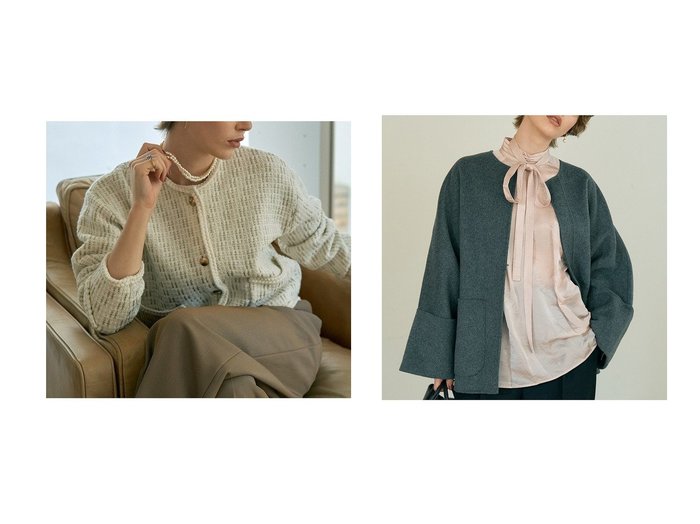 【DESIGN WORKS/デザイン ワークス】のラメツイードライクニットショートジャケット&【BEAUVET】キュプラシルクボウタイブラウス おすすめ！トレンド、レディースファッションの通販 おすすめ人気トレンドファッション通販アイテム 人気、トレンドファッション・服の通販 founy(ファニー) ファッション Fashion レディースファッション Fashion for Women アウター Coat / Outerwear Collection レディースジャケット・軽アウター Jackets トップス・カットソー Cut & Sew Tops シャツ・ブラウス・オフィスカジュアル Elegant Blouses & Button-Ups アクセサリー Fashion Accessories コンパクト Compact, Small Size ショート Short, Short Length ジャカード／ジャガード Jacquard, Woven Pattern ジャケット Jacket, Outerwear ツイード Twill, Twill Weave デニム Denim, Jeans Material バランス Balance, Style Balance パーティ Party, Party Style フェミニン Feminine, Girly ミックス Mix, Mixed Style 新作・新入荷 New Arrivals / New In |ID:crp329100000223720