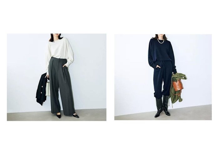 【E by eclat/イーバイエクラ】の【斉藤くみさんコラボ】裏起毛サイドベルトつきタックパンツ&【斉藤くみさんコラボ】カシミヤ混ニットパンツ おすすめ！トレンド、レディースファッションの通販 おすすめ人気トレンドファッション通販アイテム 人気、トレンドファッション・服の通販 founy(ファニー) ファッション Fashion レディースファッション Fashion for Women パンツ Pants & Trousers ベルト&ウエストマーク Belts & Waist Accessories おすすめ Recommended / Our Picks コラボ Collaboration, Collab セットアップ Set-Up, Coordinated Outfit ドローストリング Drawstring, Pull Cord トレンド Trend, Trending Now ワイド Wide, Wide Fit エレガント 上品 Elegant 洗える Machine Washable |ID:crp329100000223750