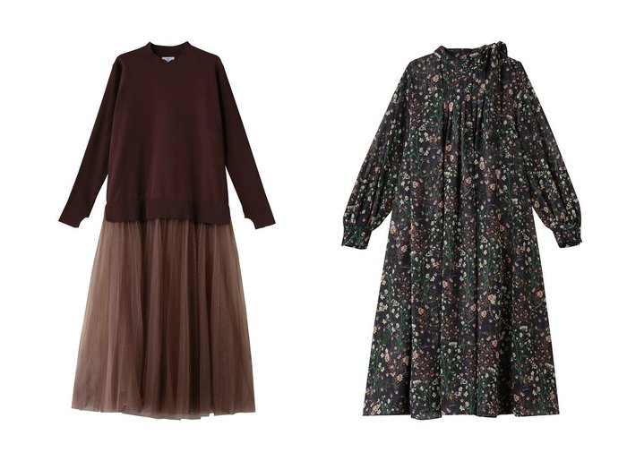 【LANVIN en Bleu/ランバン オン ブルー】のチュールプリーツコンビニットワンピース&AUBE & BRUMEワンピース おすすめ！トレンド、レディースファッションの通販 おすすめ人気トレンドファッション通販アイテム 人気、トレンドファッション・服の通販 founy(ファニー) 　ファッション　Fashion　レディースファッション　Fashion for Women　ワンピース　Dresses　チュニック　Tunic Tops & Dresses　ニットワンピース　Knit Dresses　チュニック　Tunic, Long Top　ドレープ　Drape, Draping Fabric　パーティ　Party, Party Style　プリント　Print, Printed Pattern　ロング　Long, Long-Length　新作・新入荷　New Arrivals / New In　|ID:crp329100000223777