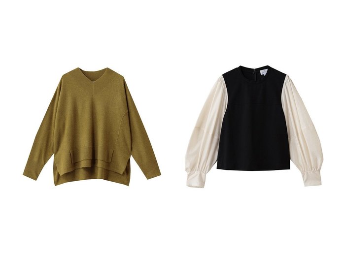 【LANVIN en Bleu/ランバン オン ブルー】のラクーンVネックニット&ボリュームスリーブコンビブラウス おすすめ！トレンド、レディースファッションの通販 おすすめ人気トレンドファッション通販アイテム 人気、トレンドファッション・服の通販 founy(ファニー) 　ファッション　Fashion　レディースファッション　Fashion for Women　トップス・カットソー　Cut & Sew Tops　シャツ・ブラウス・オフィスカジュアル　Elegant Blouses & Button-Ups　ボリューム袖・フリルスリーブブラウス　Voluminous & Ruffle Sleeves / Puffy Sleeve Tops　ニット　Knit Tops & Sweaters　カジュアルプルオーバー・ニットトップス　Pullovers & Knit Tops / Casual Pullovers　Vネックトップス　V-Neck Tops / V-Cut Neckline Shirts　シンプル　Simple, Minimal　スリーブ　Sleeve, Long Sleeve / Short Sleeve　フレア　Flare, Flared　ボトム　Bottoms, Lower Wear　マニッシュ　Mannish, Boyish　ロング　Long, Long-Length　新作・新入荷　New Arrivals / New In　|ID:crp329100000223780