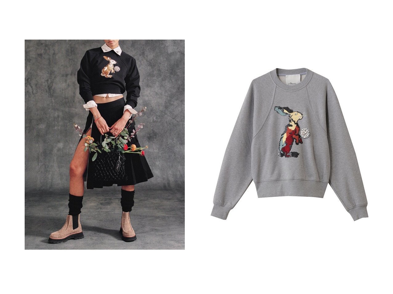 【3.1 Phillip Lim/スリーワン フィリップリム】のRABBIT 刺しゅう ロングスリーブ スウェットシャツ おすすめ！トレンド、レディースファッションの通販 おすすめ人気トレンドファッション通販アイテム インテリア・キッズ・メンズ・レディースファッション・服の通販 founy(ファニー) 　ファッション　Fashion　レディースファッション　Fashion for Women　トップス・カットソー　Cut & Sew Tops　シャツ・ブラウス・オフィスカジュアル　Elegant Blouses & Button-Ups　レディースパーカー・カジュアルフーディー　Casual Hoodies & Sweatshirts　ロングTシャツ・Tシャツ　Longline T-Shirts & Tees　スウェット・クルーネックトップス　Sweatshirts & Crewnecks / Relaxed Fit Sweat Tops　カットソー・ベーシックTシャツ　Cut-and-Sewn Tops / Stretch Tees & Basics　スウェット / スエット　Sweatshirt, Sweatwear　スリーブ　Sleeve, Long Sleeve / Short Sleeve　フロント　Front, Front Design　リラックス　Relax, Relaxed Fit　ロング　Long, Long-Length　新作・新入荷　New Arrivals / New In　グレー系　Gray　ブラック系　Black　|ID:crp329100000223792