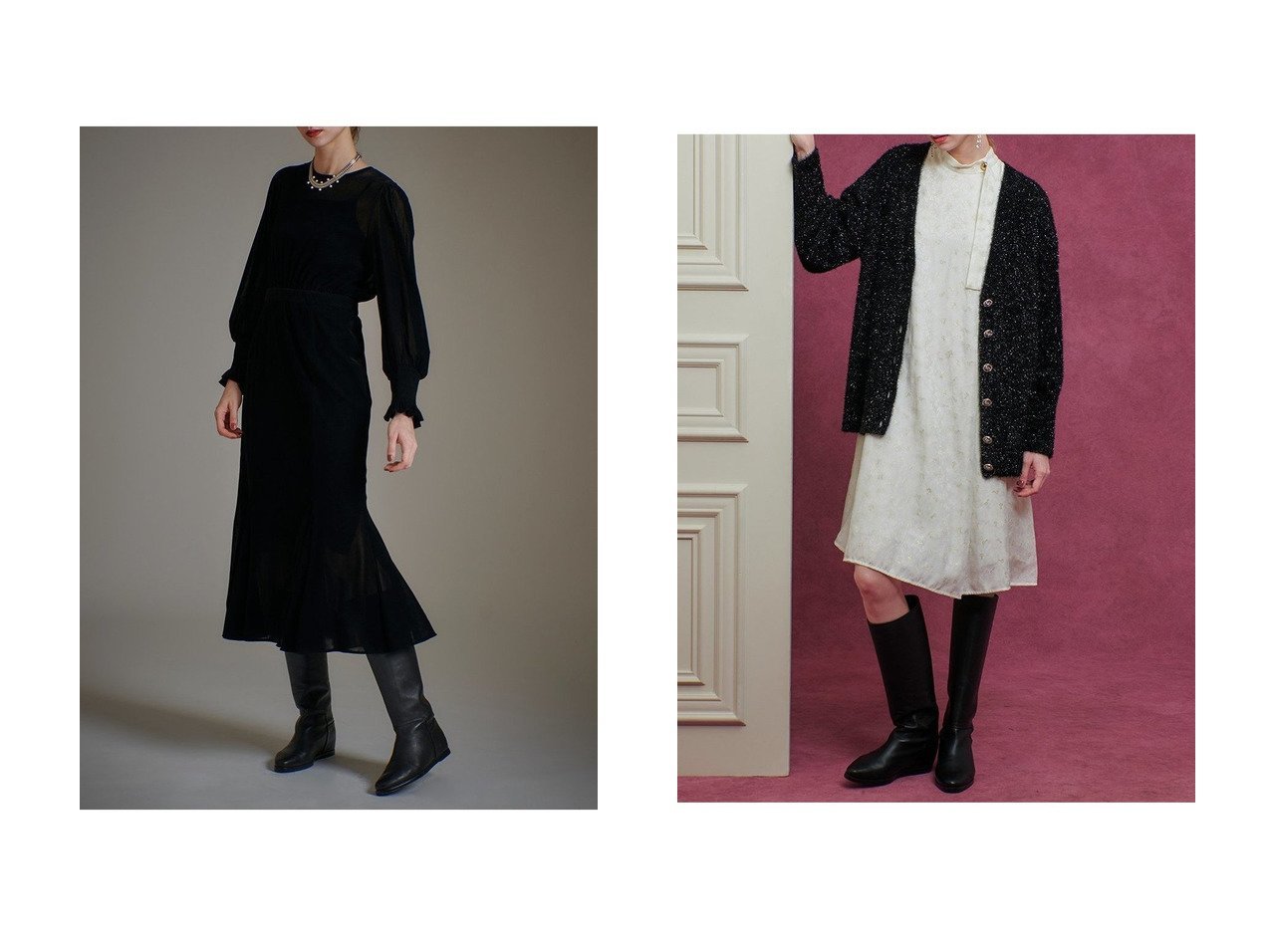 【allureville/アルアバイル】の【LOULOU WILLOUGHBY】フィルムラメミドルカーディガン&【LOULOU WILLOUGHBY】チュールフロッキーマーメイドワンピース おすすめ！トレンド、レディースファッションの通販 おすすめ人気トレンドファッション通販アイテム インテリア・キッズ・メンズ・レディースファッション・服の通販 founy(ファニー) 　ファッション　Fashion　レディースファッション　Fashion for Women　ワンピース　Dresses　チュニック　Tunic Tops & Dresses　トップス・カットソー　Cut & Sew Tops　ニット　Knit Tops & Sweaters　カーディガン・羽織り　Layered Style Cardigans　なめらか　Smooth, Silky Texture　カフス　Cuff Design　クラシカル　Classical, Vintage-Inspired　クラシック　Classic, Timeless Style　シャーリング　Shirring, Ruched　チュニック　Tunic, Long Top　チュール　Tulip, Tulip Motif　ドレス　Dress, One-Piece　ベロア　Velour, Soft Velvet　マーメイド　Mermaid, Fishtail Silhouette　ロング　Long, Long-Length　エレガント 上品　Elegant　新作・新入荷　New Arrivals / New In　ブラック系　Black　|ID:crp329100000223836