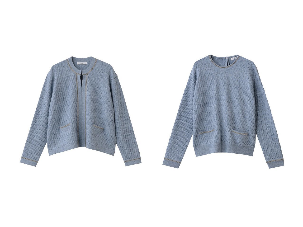 【ebure/エブール】のブレードポイントケーブルニット クルーネックカーディガン&ブレードポイントケーブルニット クルーネックプルオーバー おすすめ！トレンド、レディースファッションの通販 おすすめ人気トレンドファッション通販アイテム インテリア・キッズ・メンズ・レディースファッション・服の通販 founy(ファニー) 　ファッション　Fashion　レディースファッション　Fashion for Women　トップス・カットソー　Cut & Sew Tops　ニット　Knit Tops & Sweaters　カーディガン・羽織り　Layered Style Cardigans　カジュアルプルオーバー・ニットトップス　Pullovers & Knit Tops / Casual Pullovers　カーディガン　Cardigan, Knitwear　ジュエリー　Jewelry, Accessories　ポケット　Pocket, Pocket Detail　エレガント 上品　Elegant　ブルー系　Blue　グレー系　Gray　|ID:crp329100000223931