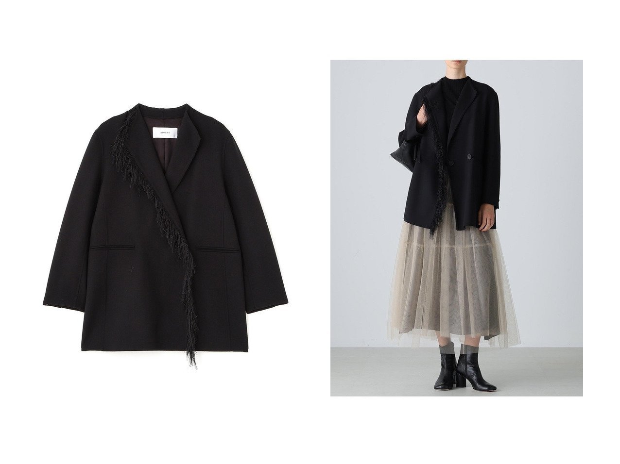 【ADORE/アドーア】のウールリバージャケット おすすめ！トレンド、レディースファッションの通販 おすすめ人気トレンドファッション通販アイテム インテリア・キッズ・メンズ・レディースファッション・服の通販 founy(ファニー) 　ファッション　Fashion　レディースファッション　Fashion for Women　アウター　Coat / Outerwear Collection　レディースジャケット・軽アウター　Jackets　ジャケット　Jacket, Outerwear　ダブル　Double, Double-Breasted　フェイス　Face, Facial Design　フリンジ　Fringe, Tassel　エレガント 上品　Elegant　新作・新入荷　New Arrivals / New In　ブラック系　Black　|ID:crp329100000223937