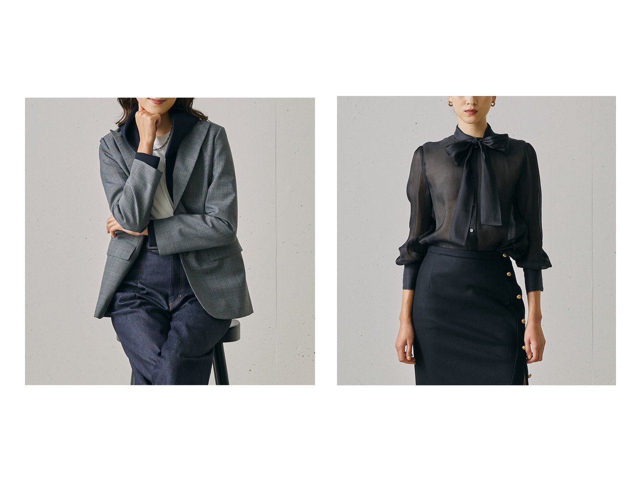 【DoCLASSE/ドゥクラッセ】のグレンチェックウール・シングルジャケット&綿シルクオーガンジー・ボウタイブラウス おすすめ！トレンド、レディースファッションの通販 おすすめ人気トレンドファッション通販アイテム インテリア・キッズ・メンズ・レディースファッション・服の通販 founy(ファニー) 　ファッション　Fashion　レディースファッション　Fashion for Women　アウター　Coat / Outerwear Collection　レディースジャケット・軽アウター　Jackets　トップス・カットソー　Cut & Sew Tops　シャツ・ブラウス・オフィスカジュアル　Elegant Blouses & Button-Ups　新作・新入荷　New Arrivals / New In　イタリア　Italy　ジャケット　Jacket, Outerwear　スタイリッシュ　Stylish, Fashionable　ストレート　Straight, Straight Cut　セットアップ　Set-Up, Coordinated Outfit　チェック　Check, Plaid, Tartan　デニム　Denim, Jeans Material　ベスト　Vest, Waistcoat　おすすめ　Recommended / Our Picks　オーガンジー　Organza Fabric　サテン　Satin, Glossy Fabric　シアー　Sheer, See-Through　シルク　Silk, 100% Silk　トレンド　Trend, Trending Now　ドレープ　Drape, Draping Fabric　フェミニン　Feminine, Girly　エレガント 上品　Elegant　グレー系　Gray　ブラック系　Black　|ID:crp329100000224078