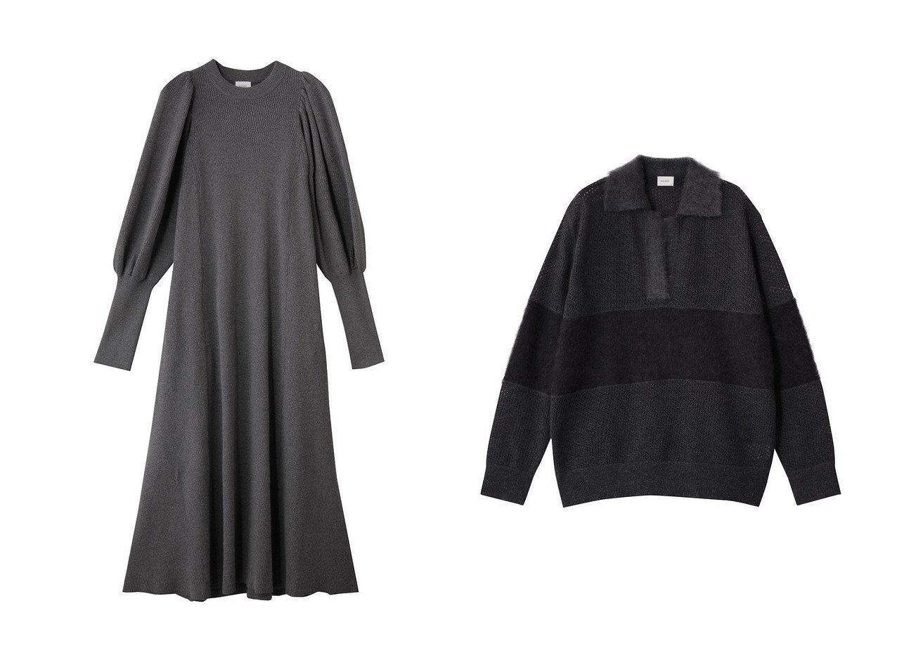 【MANOF/マノフ】のMOHAIR POLO KNIT&THERMAL KNIT ONE PIECE おすすめ！トレンド、レディースファッションの通販 おすすめ人気トレンドファッション通販アイテム インテリア・キッズ・メンズ・レディースファッション・服の通販 founy(ファニー) 　ファッション　Fashion　レディースファッション　Fashion for Women　ワンピース　Dresses　チュニック　Tunic Tops & Dresses　トップス・カットソー　Cut & Sew Tops　ニット　Knit Tops & Sweaters　カジュアルプルオーバー・ニットトップス　Pullovers & Knit Tops / Casual Pullovers　エレガント 上品　Elegant　ギャザー　Gathered, Ruffled　スリーブ　Sleeve, Long Sleeve / Short Sleeve　チュニック　Tunic, Long Top　フェミニン　Feminine, Girly　フレア　Flare, Flared　ロング　Long, Long-Length　新作・新入荷　New Arrivals / New In　A/W・秋冬　Autumn/Winter　ブラック系　Black　|ID:crp329100000224130