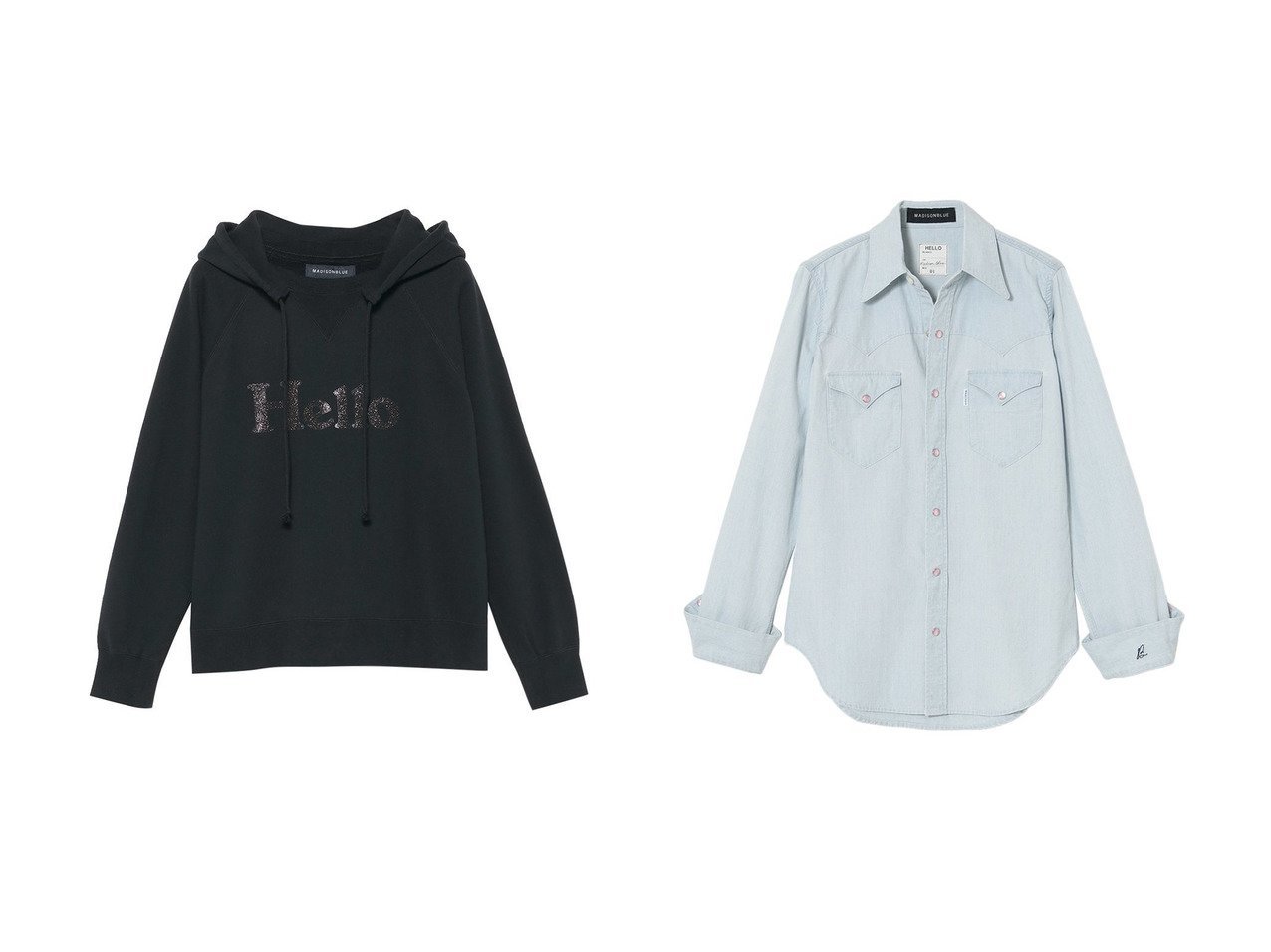 【MADISONBLUE/マディソンブルー】のHELLO フーディー&WESTERN SH CHAMBRAY(VW) ウェスタンシャツ おすすめ！トレンド、レディースファッションの通販 おすすめ人気トレンドファッション通販アイテム インテリア・キッズ・メンズ・レディースファッション・服の通販 founy(ファニー) 　ファッション　Fashion　レディースファッション　Fashion for Women　トップス・カットソー　Cut & Sew Tops　シャツ・ブラウス・オフィスカジュアル　Elegant Blouses & Button-Ups　レディースパーカー・カジュアルフーディー　Casual Hoodies & Sweatshirts　ロングTシャツ・Tシャツ　Longline T-Shirts & Tees　スウェット・クルーネックトップス　Sweatshirts & Crewnecks / Relaxed Fit Sweat Tops　カットソー・ベーシックTシャツ　Cut-and-Sewn Tops / Stretch Tees & Basics　パール　Pearl, Pearl Accent　リメイク　Remake, Reconstructed　新作・新入荷　New Arrivals / New In　ブラック系　Black　ブルー系　Blue　|ID:crp329100000224505