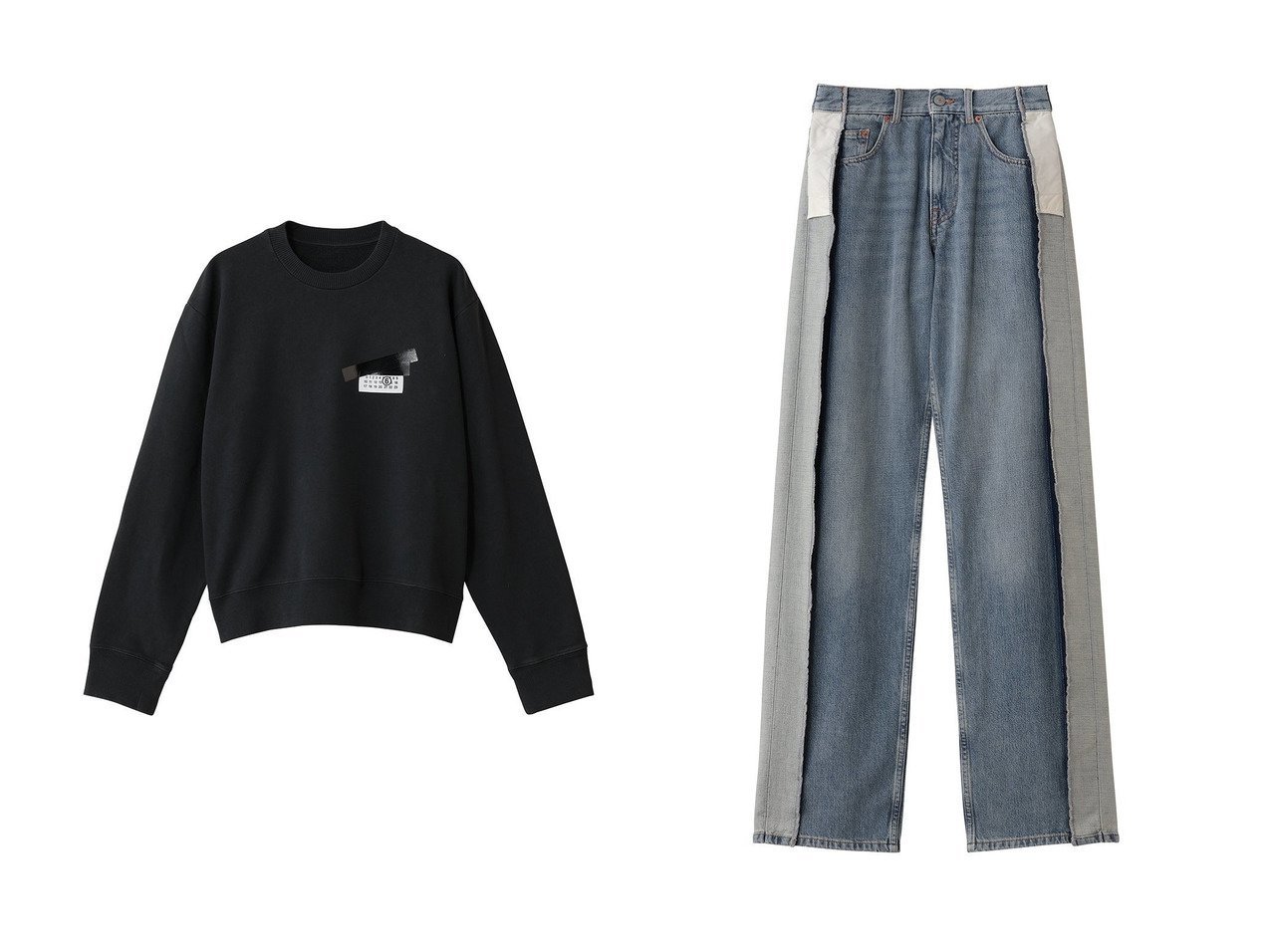 【MM6 Maison Martin Margiela/エムエム6 メゾン マルタン マルジェラ】の5ポケット デニムパンツ&ロゴ スウェットトップス おすすめ！トレンド、レディースファッションの通販 おすすめ人気トレンドファッション通販アイテム インテリア・キッズ・メンズ・レディースファッション・服の通販 founy(ファニー) 　ファッション　Fashion　レディースファッション　Fashion for Women　トップス・カットソー　Cut & Sew Tops　シャツ・ブラウス・オフィスカジュアル　Elegant Blouses & Button-Ups　レディースパーカー・カジュアルフーディー　Casual Hoodies & Sweatshirts　ロングTシャツ・Tシャツ　Longline T-Shirts & Tees　スウェット・クルーネックトップス　Sweatshirts & Crewnecks / Relaxed Fit Sweat Tops　カットソー・ベーシックTシャツ　Cut-and-Sewn Tops / Stretch Tees & Basics　パンツ　Pants & Trousers　デニムパンツ・ジーンズ・美脚デニム　Denim Jeans & Pants　スラックス　Slacks, Dress Pants　ダウン　Down, Puffer　デニム　Denim, Jeans Material　プリーツ　Pleats, Pleated　ミックス　Mix, Mixed Style　リラックス　Relax, Relaxed Fit　新作・新入荷　New Arrivals / New In　ブラック系　Black　ブルー系　Blue　|ID:crp329100000224507