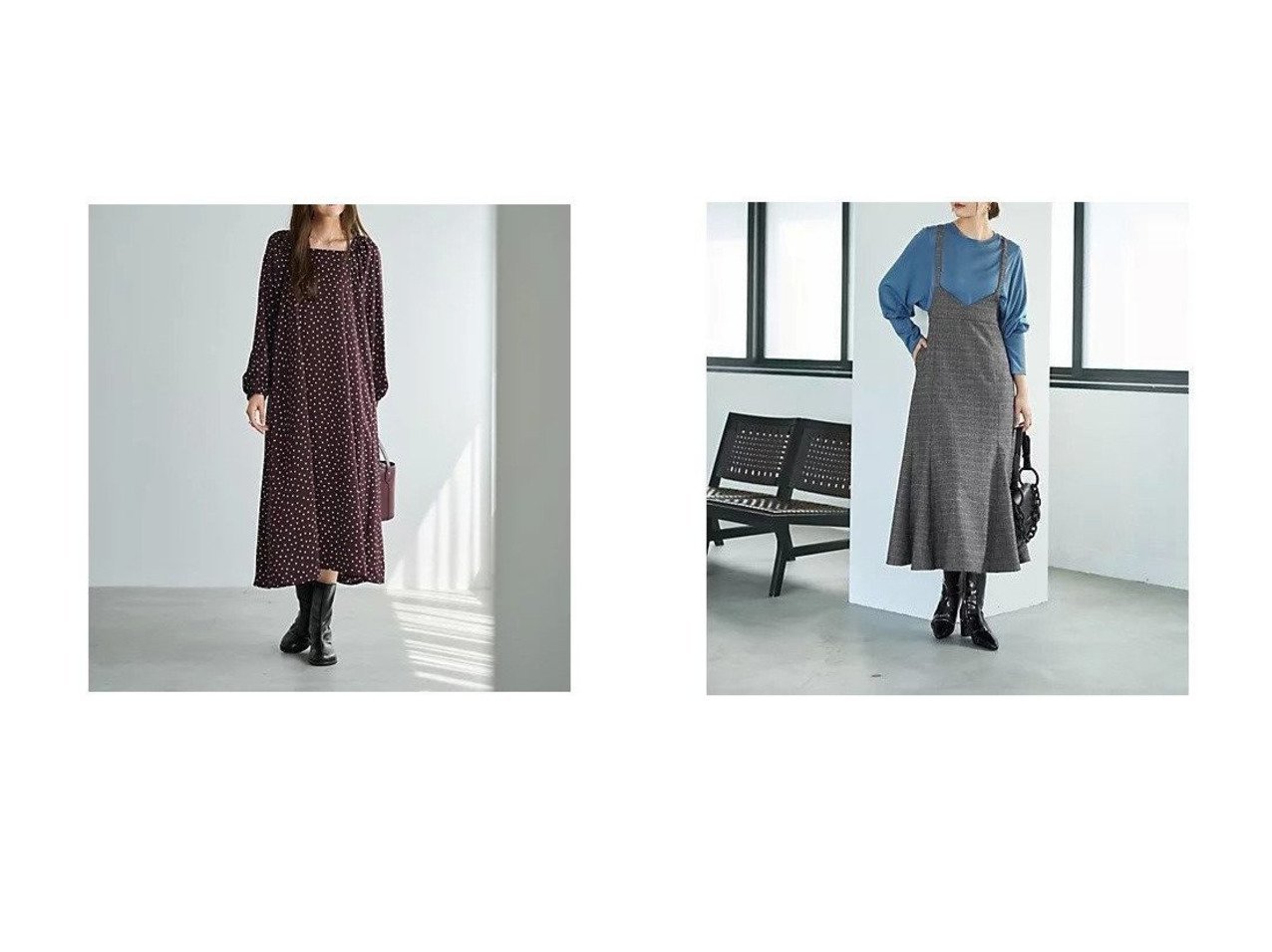 【STYLE DELI/スタイルデリ】のドット柄スクエアネックワンピ―ス&【LUXE】へリンボーンマーメイドジャンバースカート おすすめ！トレンド、レディースファッションの通販 おすすめ人気トレンドファッション通販アイテム インテリア・キッズ・メンズ・レディースファッション・服の通販 founy(ファニー) 　ファッション　Fashion　レディースファッション　Fashion for Women　ワンピース　Dresses　スカート　Skirts　インナー　Innerwear　キャミソール　Camisole, Spaghetti Strap Top　ギャザー　Gathered, Ruffled　スクエア　Square, Square Shape　タイツ　Tights, Legwear　ダメージ　Distressed, Destroyed　デコルテ　Décolleté, Neckline　ドット　Polka Dot, Dot Pattern　ドレープ　Drape, Draping Fabric　定番　Standard, Basic Item　バランス　Balance, Style Balance　ペチコート　Petticoat, Underskirt　ポケット　Pocket, Pocket Detail　おすすめ　Recommended / Our Picks　夏　Summer　チェック　Check, Plaid, Tartan　フェミニン　Feminine, Girly　フォルム　Silhouette, Form　マーメイド　Mermaid, Fishtail Silhouette　冬　Winter / This Winter　ブラウン系　Brown　ブラック系　Black　|ID:crp329100000224542