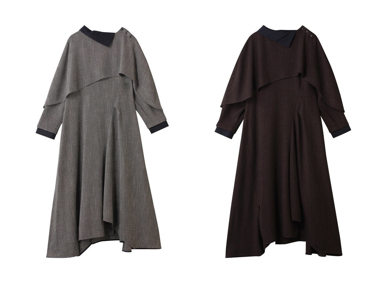 【LANVIN en Bleu/ランバン オン ブルー】のアシンメトリーコンビワンピース おすすめ！トレンド、レディースファッションの通販 おすすめ人気トレンドファッション通販アイテム インテリア・キッズ・メンズ・レディースファッション・服の通販 founy(ファニー) 　ファッション　Fashion　レディースファッション　Fashion for Women　ワンピース　Dresses　チュニック　Tunic Tops & Dresses　アシンメトリー　Asymmetrical Style　チュニック　Tunic, Long Top　ドレープ　Drape, Draping Fabric　フレア　Flare, Flared　ロング　Long, Long-Length　新作・新入荷　New Arrivals / New In　無地　Plain, Solid Color　ブラウン系　Brown　ブラック系　Black　|ID:crp329100000224567