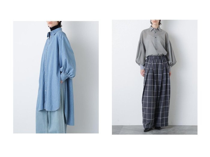 【hueLe Museum/ヒューエルミュージアム】の【STUMBLY】Denim Long Volume Sleeve SH&【hLM】ウールチェックパンツ おすすめ!トレンド、レディースファッションの通販 おすすめ人気トレンドファッション通販アイテム 人気、トレンドファッション・服の通販 founy(ファニー) ファッション Fashion レディースファッション Fashion for Women トップス・カットソー Cut & Sew Tops シャツ・ブラウス・オフィスカジュアル Elegant Blouses & Button-Ups ボリューム袖・フリルスリーブブラウス Voluminous & Ruffle Sleeves / Puffy Sleeve Tops パンツ Pants & Trousers ウエスタン Western Style クラシカル Classical, Vintage-Inspired クラシック Classic, Timeless Style スリーブ Sleeve, Long Sleeve / Short Sleeve デニム Denim, Jeans Material ロング Long, Long-Length 新作・新入荷 New Arrivals / New In |ID:crp329100000224691