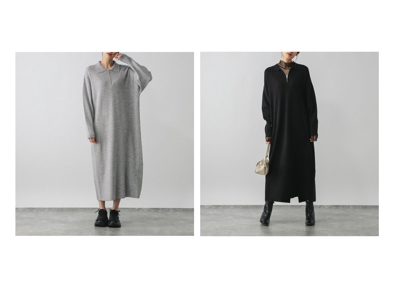 【GLOBAL WORK/グローバルワーク】のハーフZIPアゼニットワンピース/579499 おすすめ!トレンド、レディースファッションの通販 おすすめ人気トレンドファッション通販アイテム インテリア・キッズ・メンズ・レディースファッション・服の通販 founy(ファニー)  ファッション Fashion レディースファッション Fashion for Women ワンピース Dresses ニットワンピース Knit Dresses おすすめ Recommended / Our Picks スキッパー Skipper, Open Collar ハーフ Half, Half-Length リラックス Relax, Relaxed Fit エレガント 上品 Elegant ブラック系 Black グレー系 Gray |ID:crp329100000224788