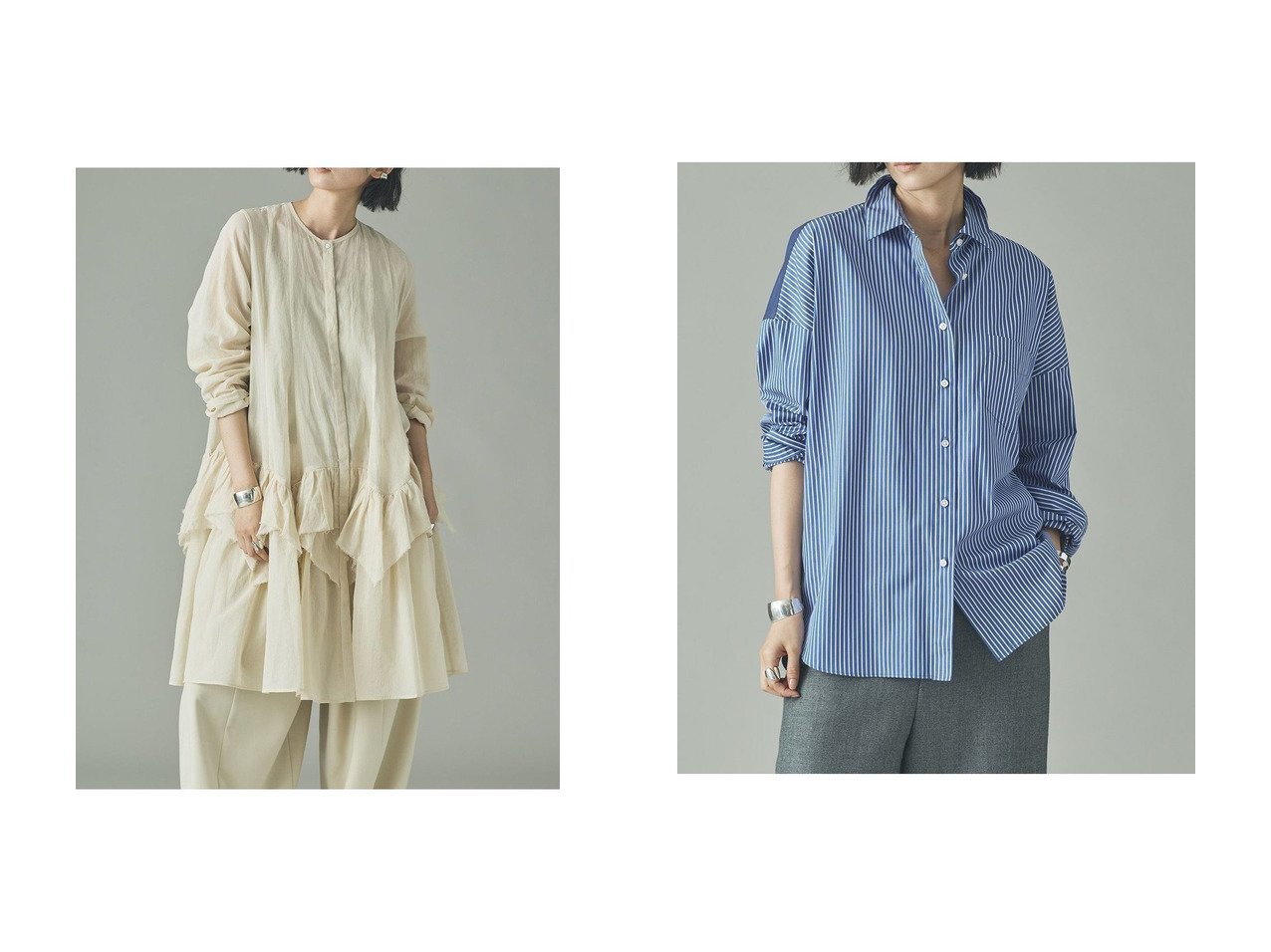 【Curensology/カレンソロジー】のランダムフリルアキハボイルブラウス&〈&RC〉ビッグシャツコンビ おすすめ！トレンド、レディースファッションの通販 おすすめ人気トレンドファッション通販アイテム インテリア・キッズ・メンズ・レディースファッション・服の通販 founy(ファニー) 　ファッション　Fashion　レディースファッション　Fashion for Women　トップス・カットソー　Cut & Sew Tops　シャツ・ブラウス・オフィスカジュアル　Elegant Blouses & Button-Ups　ショート　Short, Short Length　ストライプ　Stripe, Striped Pattern　スリーブ　Sleeve, Long Sleeve / Short Sleeve　チュニック　Tunic, Long Top　バランス　Balance, Style Balance　フリル　Frill, Ruffle　ランダム　Random, Irregular　ロング　Long, Long-Length　新作・新入荷　New Arrivals / New In　イエロー系　Yellow　ブルー系　Blue　|ID:crp329100000224940