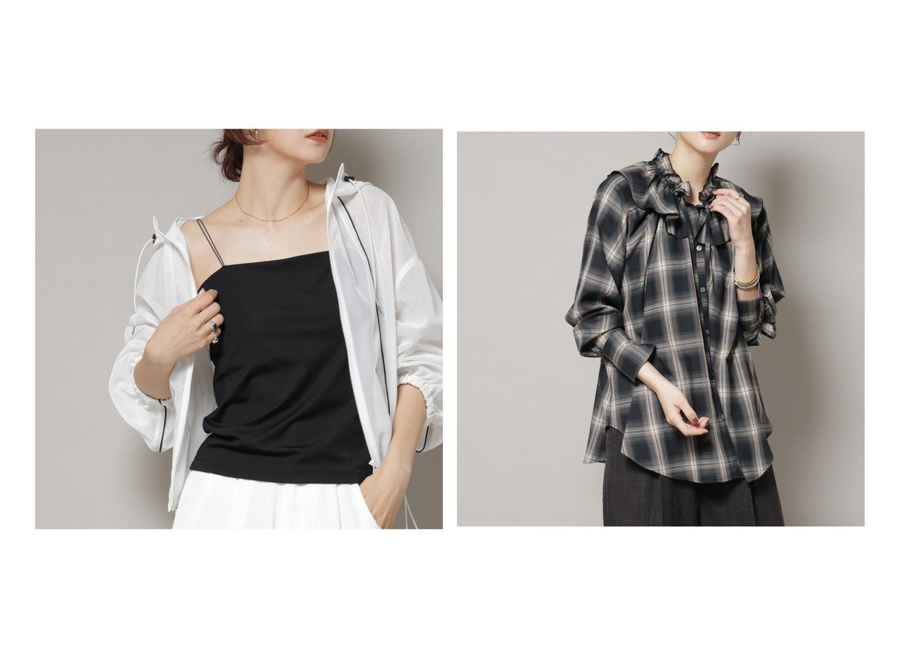 【nano universe/ナノ ユニバース】のストレッチポンチカップ付きベアトップキャミソール&オンブレーチェックフリルカラーブラウス おすすめ！トレンド、レディースファッションの通販 おすすめ人気トレンドファッション通販アイテム インテリア・キッズ・メンズ・レディースファッション・服の通販 founy(ファニー) 　ファッション　Fashion　レディースファッション　Fashion for Women　トップス・カットソー　Cut & Sew Tops　キャミソール&ノースリーブ　Camisoles & Sleeveless Tops　シャツ・ブラウス・オフィスカジュアル　Elegant Blouses & Button-Ups　インナー　Innerwear　キャミソール　Camisole, Spaghetti Strap Top　ストレッチ　Stretch, Stretchy Fabric　ベーシック　Basic, Essential　楽ちん　Easy Fit, Comfortable　夏　Summer　エレガント 上品　Elegant　2025年　2025　2025-2026秋冬・A/W　Autumn/Winter 2025–26 AW25–26　ブラック系　Black　ホワイト系　White　イエロー系　Yellow　|ID:crp329100000224984