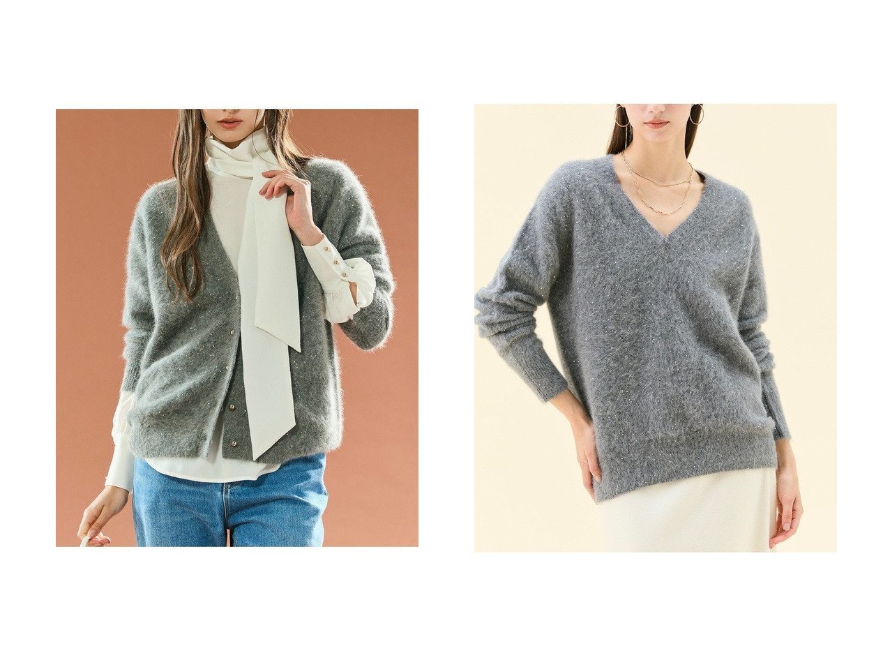 【BEIGE,/ベイジ,】のスパンコールフォックスVネックニット&スパンコールフォックスニットカーディガン おすすめ！トレンド、レディースファッションの通販 おすすめ人気トレンドファッション通販アイテム インテリア・キッズ・メンズ・レディースファッション・服の通販 founy(ファニー) 　ファッション　Fashion　レディースファッション　Fashion for Women　トップス・カットソー　Cut & Sew Tops　ニット　Knit Tops & Sweaters　カジュアルプルオーバー・ニットトップス　Pullovers & Knit Tops / Casual Pullovers　Vネックトップス　V-Neck Tops / V-Cut Neckline Shirts　カーディガン・羽織り　Layered Style Cardigans　インナー　Innerwear　シンプル　Simple, Minimal　スパンコール　Sequins, Sequin Embellishment　ダウン　Down, Puffer　デニム　Denim, Jeans Material　バランス　Balance, Style Balance　フォックス　Fox, Fox Fur　エレガント 上品　Elegant　新作・新入荷　New Arrivals / New In　グレー系　Gray　|ID:crp329100000225059
