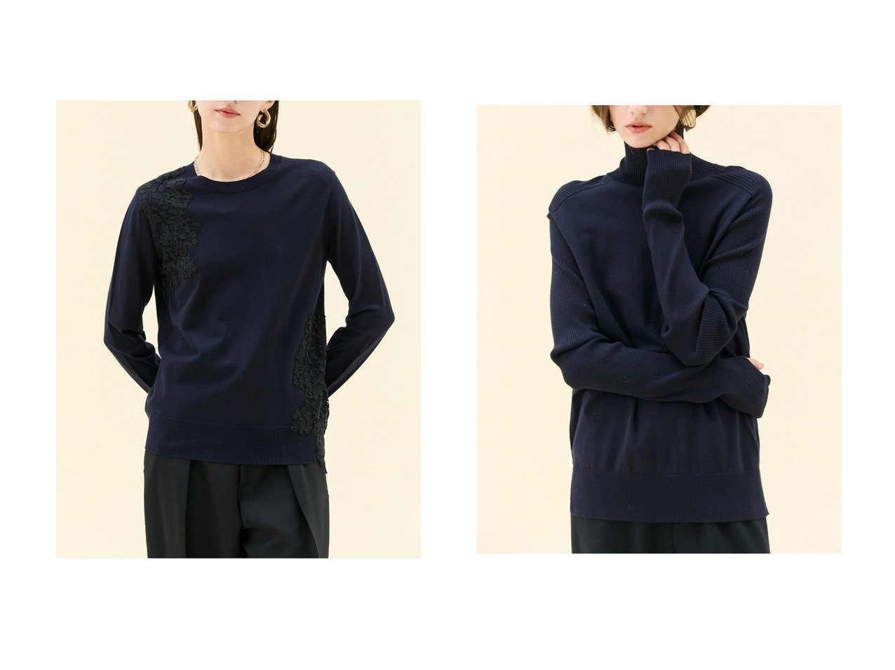 【BEIGE,/ベイジ,】のアシンメトリーレースクルーネックニット&サムホールハイネックニット おすすめ！トレンド、レディースファッションの通販 おすすめ人気トレンドファッション通販アイテム インテリア・キッズ・メンズ・レディースファッション・服の通販 founy(ファニー) 　ファッション　Fashion　レディースファッション　Fashion for Women　トップス・カットソー　Cut & Sew Tops　ニット　Knit Tops & Sweaters　カジュアルプルオーバー・ニットトップス　Pullovers & Knit Tops / Casual Pullovers　アシンメトリー　Asymmetrical Style　カッティング　Cutting Detail　デニム　Denim, Jeans Material　レース　Lace, Lace Fabric　エレガント 上品　Elegant　ビジネス 仕事 通勤　Business / Work / Commuting　新作・新入荷　New Arrivals / New In　グレー系　Gray　ブルー系　Blue　|ID:crp329100000225060