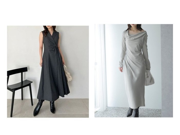 【SNIDEL/スナイデル】のSustainableサイドプリーツテーラードワンピース&ドレープバックサテンロングワンピース おすすめ!トレンド、レディースファッションの通販 おすすめ人気トレンドファッション通販アイテム 人気、トレンドファッション・服の通販 founy(ファニー) ファッション Fashion レディースファッション Fashion for Women ワンピース Dresses アシンメトリー Asymmetrical Style ウェーブ Wavy Pattern エレガント 上品 Elegant 今季 This Season, Current Season スマート Smart, Elegant スーツ Suit, Formalwear ダブル Double, Double-Breasted ハイネック High Neck, Mock Neck フロント Front, Front Design プリーツ Pleats, Pleated ラップ Wrap, Wrap Design リボン Ribbon, Bow ロング Long, Long-Length おすすめ Recommended / Our Picks |ID:crp329100000225121