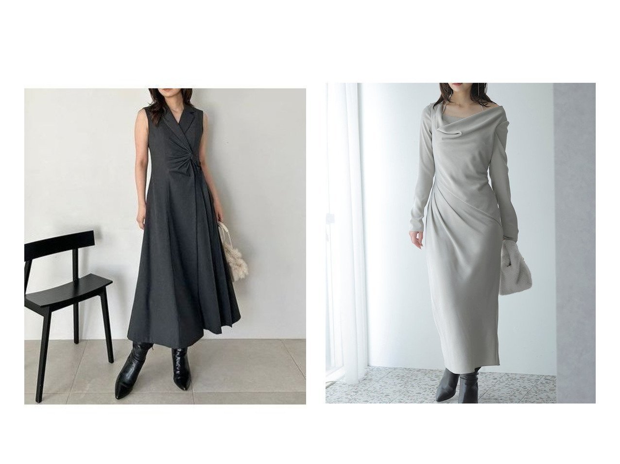 【SNIDEL/スナイデル】のSustainableサイドプリーツテーラードワンピース&ドレープバックサテンロングワンピース おすすめ！トレンド、レディースファッションの通販 おすすめ人気トレンドファッション通販アイテム インテリア・キッズ・メンズ・レディースファッション・服の通販 founy(ファニー) 　ファッション　Fashion　レディースファッション　Fashion for Women　ワンピース　Dresses　アシンメトリー　Asymmetrical Style　ウェーブ　Wavy Pattern　エレガント 上品　Elegant　今季　This Season, Current Season　スマート　Smart, Elegant　スーツ　Suit, Formalwear　ダブル　Double, Double-Breasted　ハイネック　High Neck, Mock Neck　フロント　Front, Front Design　プリーツ　Pleats, Pleated　ラップ　Wrap, Wrap Design　リボン　Ribbon, Bow　ロング　Long, Long-Length　おすすめ　Recommended / Our Picks　|ID:crp329100000225121