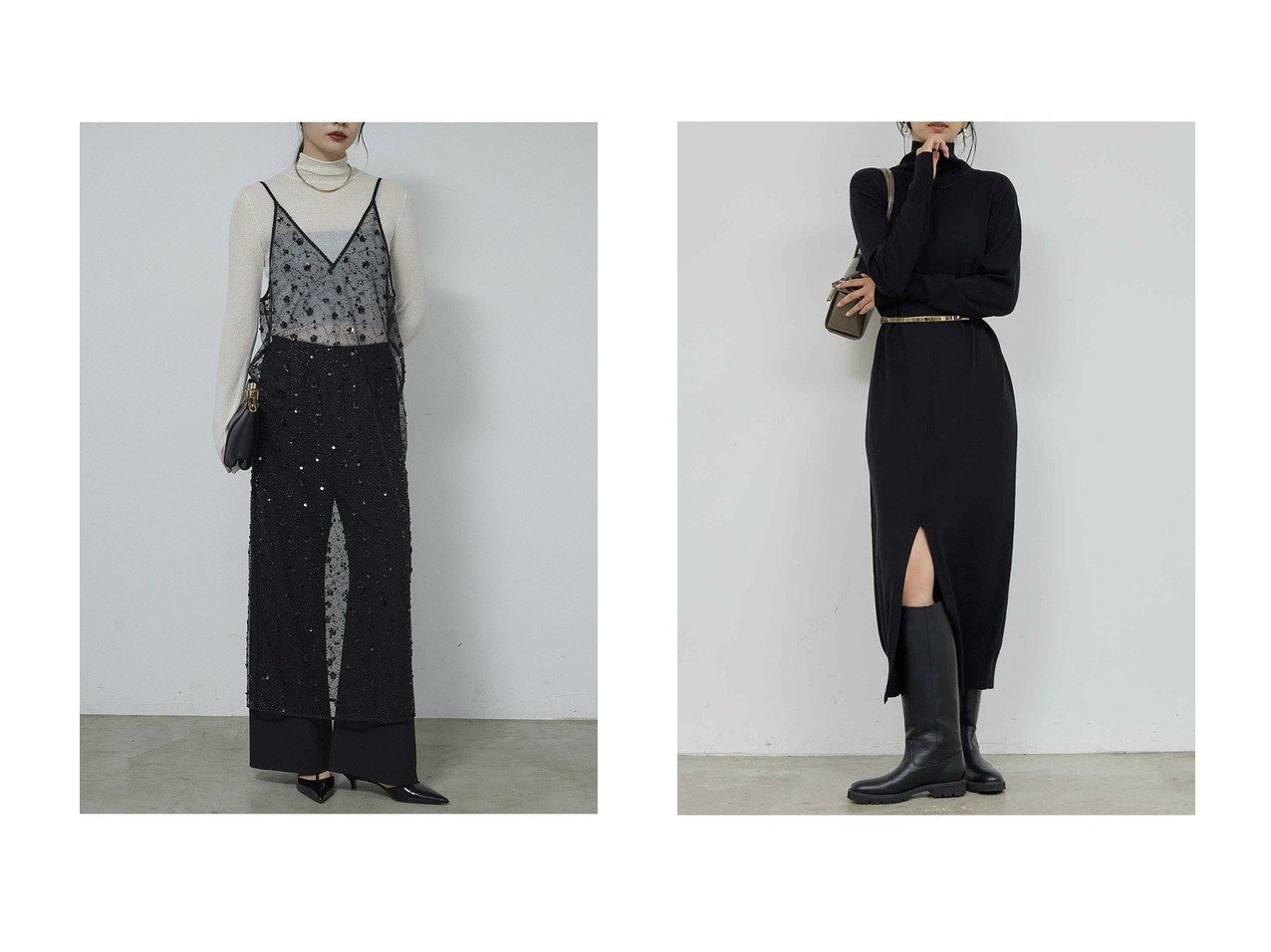 【GALLARDAGALANTE/ガリャルダガランテ】のビジューシアーキャミワンピース&2WAYニットタートルワンピース おすすめ！トレンド、レディースファッションの通販 おすすめ人気トレンドファッション通販アイテム インテリア・キッズ・メンズ・レディースファッション・服の通販 founy(ファニー) 　ファッション　Fashion　レディースファッション　Fashion for Women　ワンピース　Dresses　キャミソールワンピース　Camisole Dresses　チュニック　Tunic Tops & Dresses　キャミソール　Camisole, Spaghetti Strap Top　シアー　Sheer, See-Through　チュニック　Tunic, Long Top　ビジュー　Bijou, Jewel-like Accent　ロング　Long, Long-Length　新作・新入荷　New Arrivals / New In　ブラック系　Black　グレー系　Gray　|ID:crp329100000225126