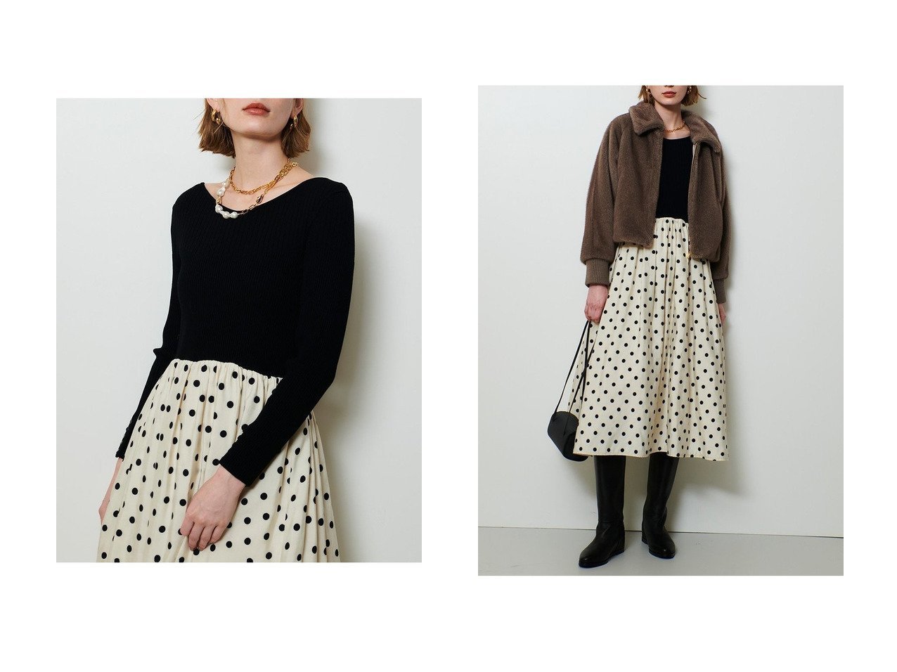 【allureville/アルアバイル】のドット柄ドッキングニットワンピース おすすめ！トレンド、レディースファッションの通販 おすすめ人気トレンドファッション通販アイテム インテリア・キッズ・メンズ・レディースファッション・服の通販 founy(ファニー) 　ファッション　Fashion　レディースファッション　Fashion for Women　ワンピース　Dresses　ニットワンピース　Knit Dresses　チュニック　Tunic Tops & Dresses　2025年　2025　2025-2026秋冬・A/W　Autumn/Winter 2025–26 AW25–26　クラシカル　Classical, Vintage-Inspired　チュニック　Tunic, Long Top　ドッキング　Docking, Mixed Material　ドット　Polka Dot, Dot Pattern　フィット　Fit, Slim Fit　ロング　Long, Long-Length　エレガント 上品　Elegant　無地　Plain, Solid Color　A/W・秋冬　Autumn/Winter　ホワイト系　White　|ID:crp329100000225180