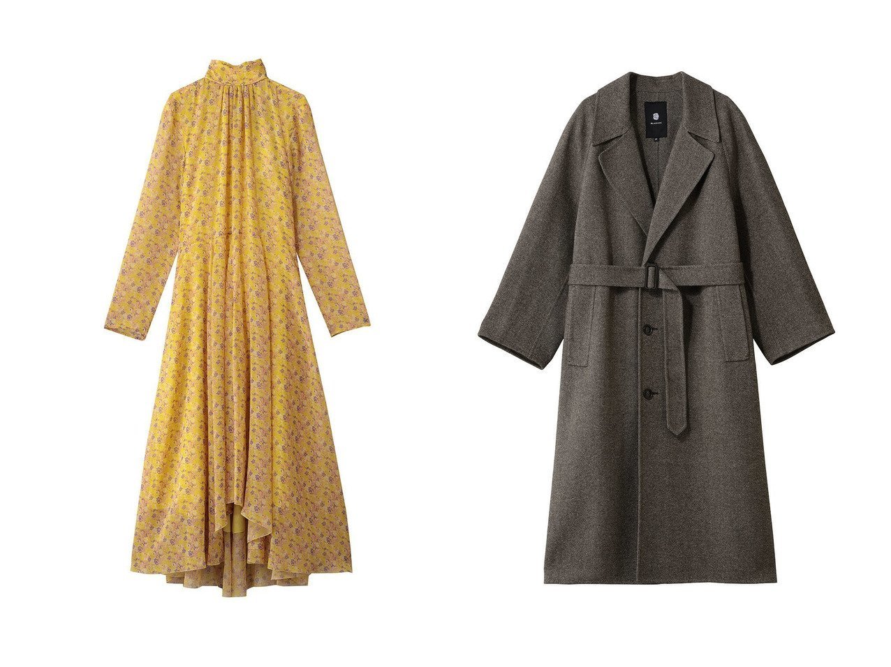 【BLAMINK/ブラミンク】のフラワープリントロングスリーブドレス&ダブルフェイスベルテッドコート おすすめ！トレンド、レディースファッションの通販 おすすめ人気トレンドファッション通販アイテム インテリア・キッズ・メンズ・レディースファッション・服の通販 founy(ファニー) 　ファッション　Fashion　レディースファッション　Fashion for Women　ワンピース　Dresses　フォーマル・パーティードレス・結婚式用ドレス　Elegant & Casual Dresses　チュニック　Tunic Tops & Dresses　アウター　Coat / Outerwear Collection　コート・ロングコート・ピーコート　Long Coats, Peacoats & More　イエロー　Yellow　シアー　Sheer, See-Through　スリーブ　Sleeve, Long Sleeve / Short Sleeve　チュニック　Tunic, Long Top　ドレス　Dress, One-Piece　フレア　Flare, Flared　プリント　Print, Printed Pattern　新作・新入荷　New Arrivals / New In　イエロー系　Yellow　ブラウン系　Brown　|ID:crp329100000225233