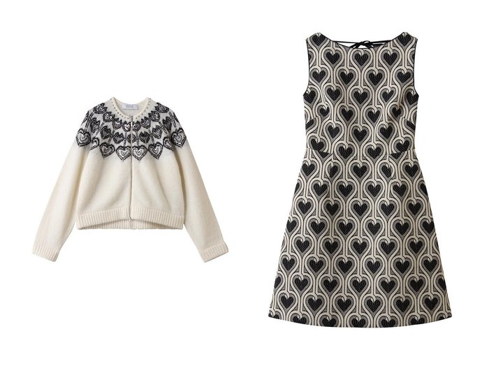 【allureville/アルアバイル】の【Loulou Willoughby】ハートJQニットブルゾン&【Loulou Willoughby】NEONハートJQミニワンピース おすすめ！トレンド、レディースファッションの通販 おすすめ人気トレンドファッション通販アイテム 人気、トレンドファッション・服の通販 founy(ファニー) ファッション Fashion レディースファッション Fashion for Women トップス・カットソー Cut & Sew Tops ニット Knit Tops & Sweaters カーディガン・羽織り Layered Style Cardigans ワンピース Dresses チュニック Tunic Tops & Dresses カーディガン Cardigan, Knitwear ジャカード／ジャガード Jacquard, Woven Pattern スリーブ Sleeve, Long Sleeve / Short Sleeve ビジュー Bijou, Jewel-like Accent ブルゾン Blouson, Bomber Jacket ホリデーシーズン Holiday Season リュクス Luxury, Elegant, High-End, Chic ロング Long, Long-Length 新作・新入荷 New Arrivals / New In |ID:crp329100000225294