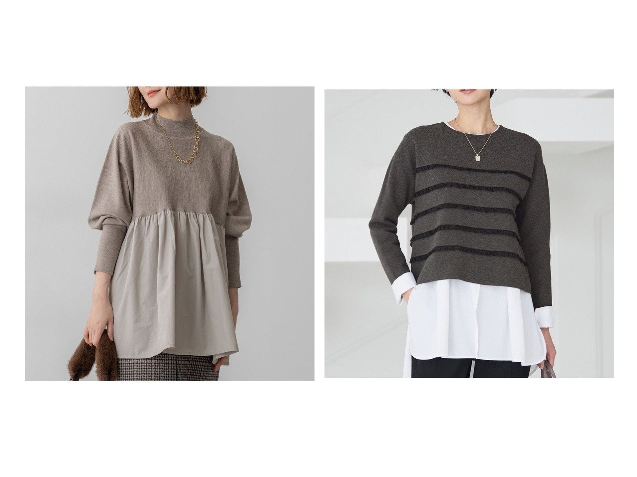 【NIJYUSANKU/23区】の【洗える】ギャザープルオーバー コンビ ニット&【/WEB 一部店舗限定】フリルボーダー ニット おすすめ！トレンド、レディースファッションの通販 おすすめ人気トレンドファッション通販アイテム インテリア・キッズ・メンズ・レディースファッション・服の通販 founy(ファニー) 　ファッション　Fashion　レディースファッション　Fashion for Women　トップス・カットソー　Cut & Sew Tops　ニット　Knit Tops & Sweaters　カジュアルプルオーバー・ニットトップス　Pullovers & Knit Tops / Casual Pullovers　洗える　Machine Washable　ギャザー　Gathered, Ruffled　コンビ　Combo, Combination Style　シルク　Silk, 100% Silk　シンプル　Simple, Minimal　セーター　Sweater, Knitwear　デニム　Denim, Jeans Material　ドッキング　Docking, Mixed Material　なめらか　Smooth, Silky Texture　ハイネック　High Neck, Mock Neck　リラックス　Relax, Relaxed Fit　A/W・秋冬　Autumn/Winter　冬　Winter / This Winter　エレガント 上品　Elegant　2025年　2025　2025-2026秋冬・A/W　Autumn/Winter 2025–26 AW25–26　ブラック系　Black　ブルー系　Blue　ベージュ系　Beige　グレー系　Gray　|ID:crp329100000225336