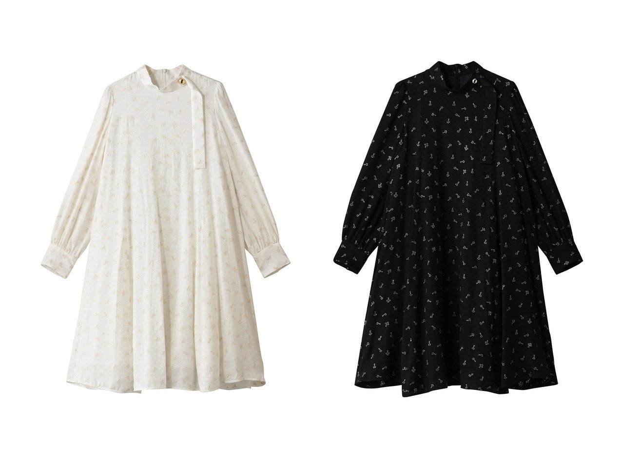 【allureville/アルアバイル】の【Loulou Willoughby】KEYジャガードフレアワンピース おすすめ！トレンド、レディースファッションの通販 おすすめ人気トレンドファッション通販アイテム インテリア・キッズ・メンズ・レディースファッション・服の通販 founy(ファニー) 　ファッション　Fashion　レディースファッション　Fashion for Women　ワンピース　Dresses　チュニック　Tunic Tops & Dresses　ジャカード／ジャガード　Jacquard, Woven Pattern　スリーブ　Sleeve, Long Sleeve / Short Sleeve　チュニック　Tunic, Long Top　フェミニン　Feminine, Girly　フレア　Flare, Flared　ホリデーシーズン　Holiday Season　モチーフ　Motif, Design Theme　リュクス　Luxury, Elegant, High-End, Chic　ロング　Long, Long-Length　新作・新入荷　New Arrivals / New In　ホワイト系　White　ブラック系　Black　|ID:crp329100000225365