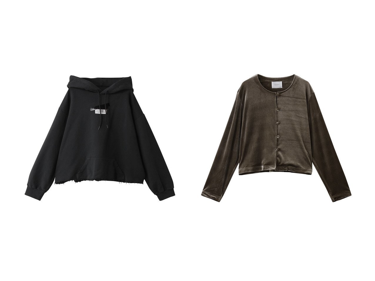 【MM6 Maison Martin Margiela/エムエム6 メゾン マルタン マルジェラ】のロゴ フーディー スウェットトップス&【MIDIUMISOLID/ミディウミソリッド】のneck velour CD カーディガン おすすめ！トレンド、レディースファッションの通販 おすすめ人気トレンドファッション通販アイテム インテリア・キッズ・メンズ・レディースファッション・服の通販 founy(ファニー) 　ファッション　Fashion　レディースファッション　Fashion for Women　トップス・カットソー　Cut & Sew Tops　シャツ・ブラウス・オフィスカジュアル　Elegant Blouses & Button-Ups　レディースパーカー・カジュアルフーディー　Casual Hoodies & Sweatshirts　ロングTシャツ・Tシャツ　Longline T-Shirts & Tees　スウェット・クルーネックトップス　Sweatshirts & Crewnecks / Relaxed Fit Sweat Tops　カットソー・ベーシックTシャツ　Cut-and-Sewn Tops / Stretch Tees & Basics　カーディガン・羽織り　Layered Style Cardigans　ベロアトップス　Velour Tops / Velvet-Look Items　スウェット / スエット　Sweatshirt, Sweatwear　スリーブ　Sleeve, Long Sleeve / Short Sleeve　ロング　Long, Long-Length　新作・新入荷　New Arrivals / New In　ブラック系　Black　|ID:crp329100000225380