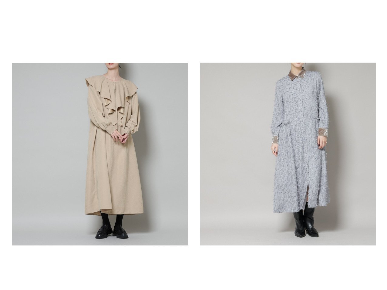 【nano universe/ナノ ユニバース】のフリンジジャガードナローシャツワンピース&取り外し可能ラッフルカラー付きピーチフレアワンピース おすすめ！トレンド、レディースファッションの通販 おすすめ人気トレンドファッション通販アイテム インテリア・キッズ・メンズ・レディースファッション・服の通販 founy(ファニー) 　ファッション　Fashion　レディースファッション　Fashion for Women　ワンピース　Dresses　シャツワンピース / 1枚で着映えコーデ　Shirt Dresses　カーディガン　Cardigan, Knitwear　シャーリング　Shirring, Ruched　トレンド　Trend, Trending Now　ピーチ　Peach, Soft Touch　フェミニン　Feminine, Girly　フレア　Flare, Flared　アウトレット　Outlet / Clearance　エレガント 上品　Elegant　2025年　2025　2025-2026秋冬・A/W　Autumn/Winter 2025–26 AW25–26　ベージュ系　Beige　グレー系　Gray　ブルー系　Blue　ブラック系　Black　|ID:crp329100000225387