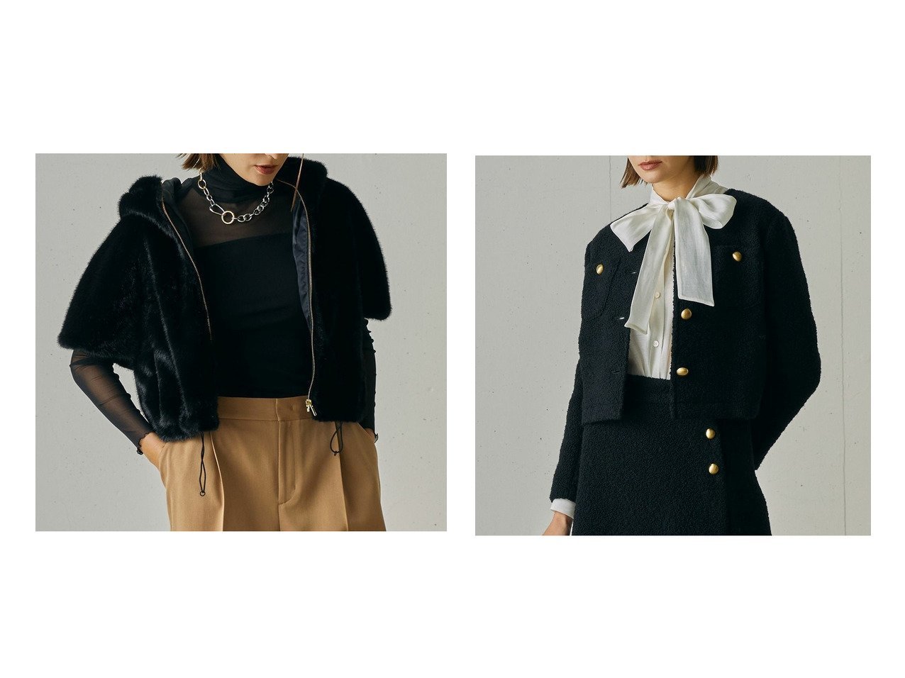【DoCLASSE/ドゥクラッセ】のリングツイード・ノーカラージャケット&ミンクタッチファー・フードブルゾン おすすめ！トレンド、レディースファッションの通販 おすすめ人気トレンドファッション通販アイテム インテリア・キッズ・メンズ・レディースファッション・服の通販 founy(ファニー) 　ファッション　Fashion　レディースファッション　Fashion for Women　アウター　Coat / Outerwear Collection　レディースジャケット・軽アウター　Jackets　ブルゾンジャケット・スポーティアウター　Blouson Jackets　ノーカラージャケット / シンプル上品コーデ　Collarless Jackets　新作・新入荷　New Arrivals / New In　おすすめ　Recommended / Our Picks　クラシカル　Classical, Vintage-Inspired　コンパクト　Compact, Small Size　ジャケット　Jacket, Outerwear　スリーブ　Sleeve, Long Sleeve / Short Sleeve　ハーフ　Half, Half-Length　フェミニン　Feminine, Girly　ブルゾン　Blouson, Bomber Jacket　ベスト　Vest, Waistcoat　ツイード　Twill, Twill Weave　デニム　Denim, Jeans Material　バランス　Balance, Style Balance　フロント　Front, Front Design　ポケット　Pocket, Pocket Detail　ブラック系　Black　|ID:crp329100000225404
