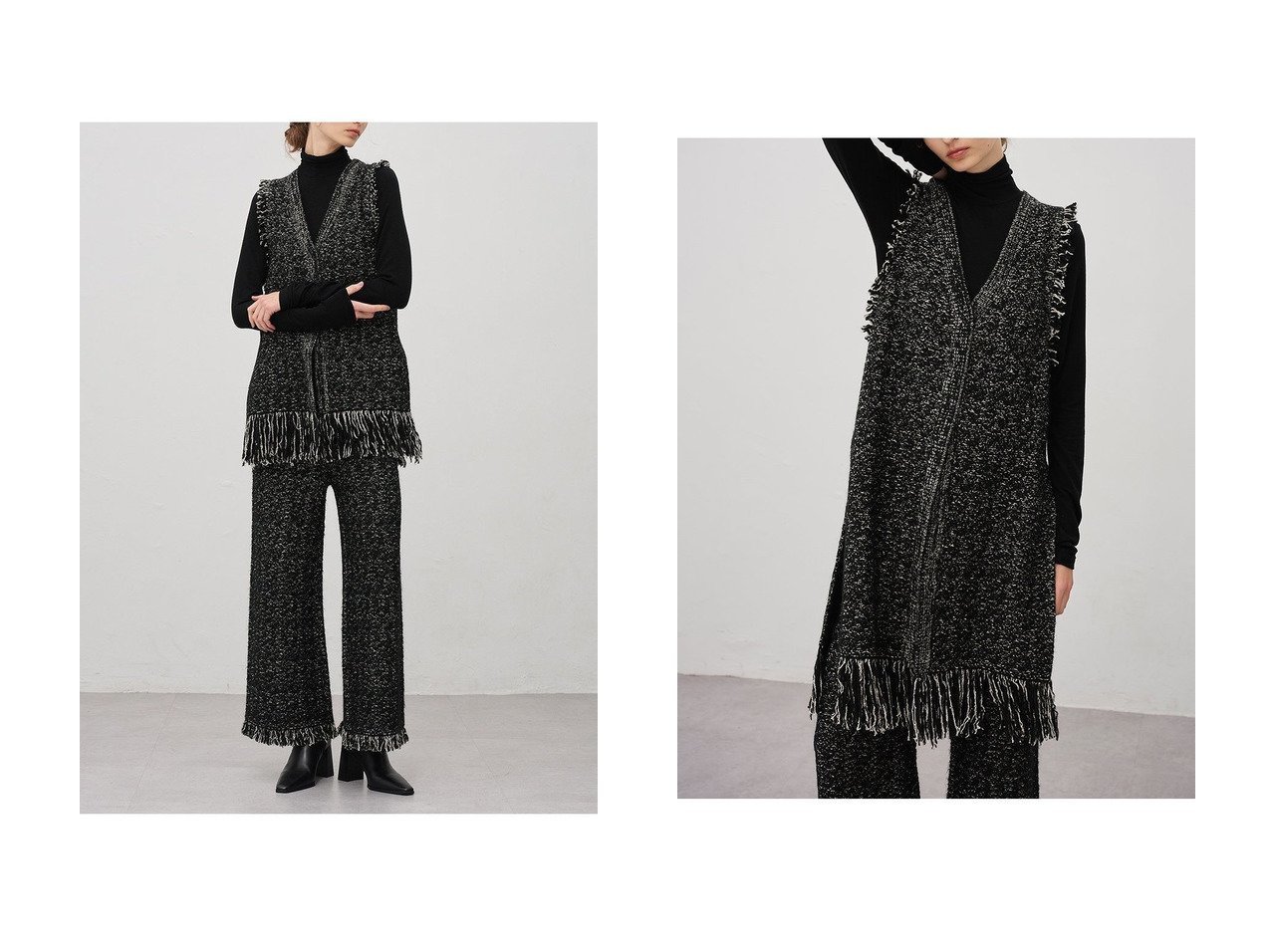 【uncrave/アンクレイヴ】のツイードニット ジレ おすすめ！トレンド、レディースファッションの通販 おすすめ人気トレンドファッション通販アイテム インテリア・キッズ・メンズ・レディースファッション・服の通販 founy(ファニー) 　ファッション　Fashion　レディースファッション　Fashion for Women　トップス・カットソー　Cut & Sew Tops　ニット　Knit Tops & Sweaters　カーディガン・羽織り　Layered Style Cardigans　ベスト&ジレ / 重ね着スタイル　Vests & Gilets　カーディガン　Cardigan, Knitwear　ストレッチ　Stretch, Stretchy Fabric　セットアップ　Set-Up, Coordinated Outfit　ツイード／ツィード　Choker, Choker Necklace　ツイード　Twill, Twill Weave　フリンジ　Fringe, Tassel　フレア　Flare, Flared　フロント　Front, Front Design　ベスト　Vest, Waistcoat　ミックス　Mix, Mixed Style　ロング　Long, Long-Length　新作・新入荷　New Arrivals / New In　ブラック系　Black　|ID:crp329100000225440