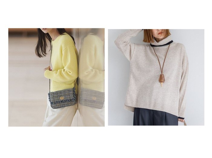 【NIJYUSANKU/23区】の【/洗える】ウールカシミヤ パフスリーブ ニット&【/洗える】ウールカシミヤ コンビカラー オフタートル ニット おすすめ！トレンド、レディースファッションの通販 おすすめ人気トレンドファッション通販アイテム 人気、トレンドファッション・服の通販 founy(ファニー) 　ファッション　Fashion　レディースファッション　Fashion for Women　トップス・カットソー　Cut & Sew Tops　ニット　Knit Tops & Sweaters　イエロー　Yellow　春　Spring　洗える　Machine Washable　コンパクト　Compact, Small Size　シンプル　Simple, Minimal　スリーブ　Sleeve, Long Sleeve / Short Sleeve　セーター　Sweater, Knitwear　トレンド　Trend, Trending Now　定番　Standard, Basic Item　パステル　Pastel, Soft Color　A/W・秋冬　Autumn/Winter　エレガント 上品　Elegant　コンビ　Combo, Combination Style　スリット　Slit, Slit Detail　リラックス　Relax, Relaxed Fit　|ID:crp329100000225491