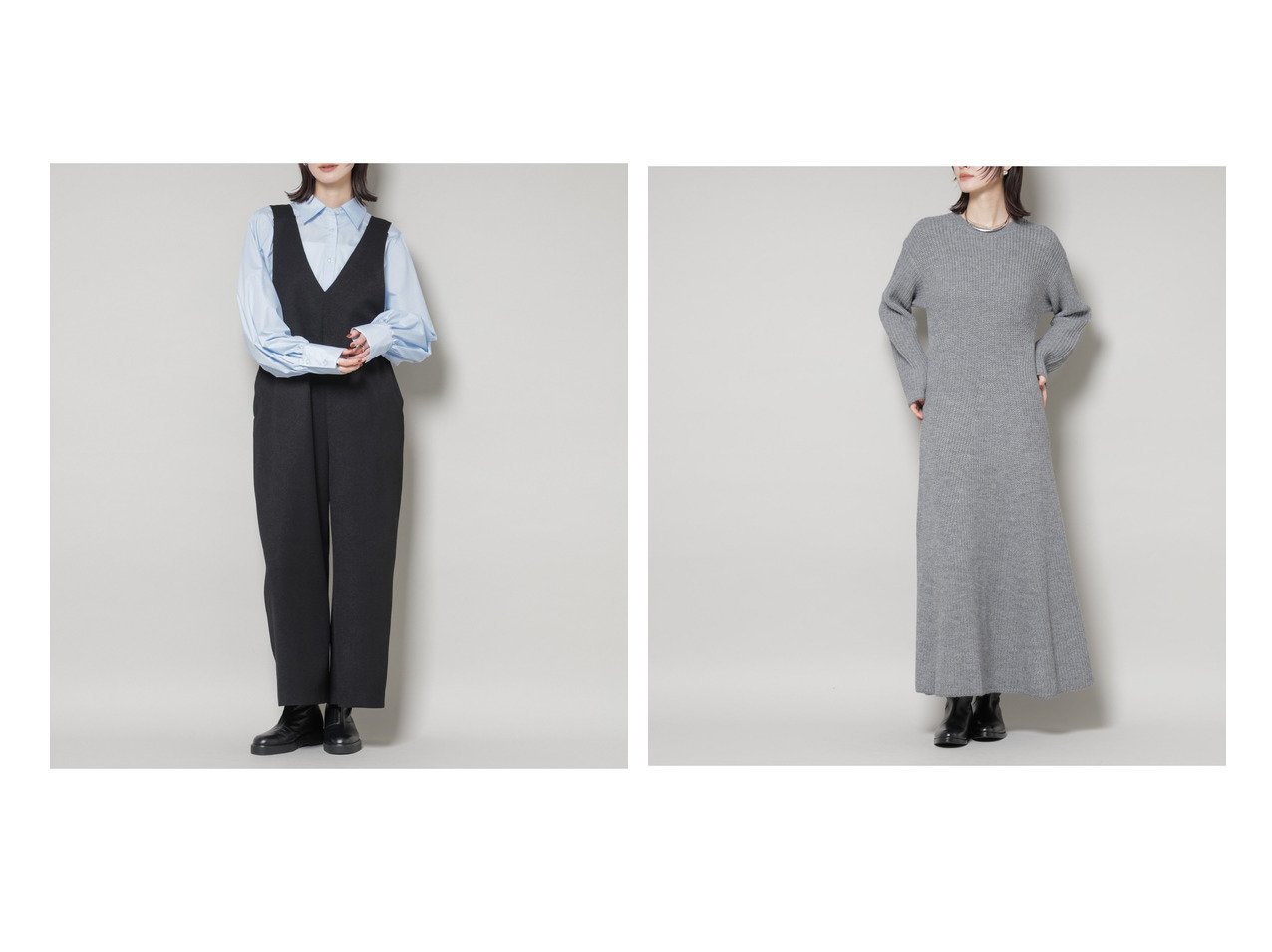 【nano universe/ナノ ユニバース】の片畦フレアニットワンピース&Vネックオールインワン おすすめ！トレンド、レディースファッションの通販 おすすめ人気トレンドファッション通販アイテム インテリア・キッズ・メンズ・レディースファッション・服の通販 founy(ファニー) 　ファッション　Fashion　レディースファッション　Fashion for Women　トップス・カットソー　Cut & Sew Tops　Vネックトップス　V-Neck Tops / V-Cut Neckline Shirts　ワンピース　Dresses　オールインワン・ワンピース　Dresses and Jumpsuits　ニットワンピース　Knit Dresses　インナー　Innerwear　カーディガン　Cardigan, Knitwear　ジャケット　Jacket, Outerwear　リブニット　Rib Knit, Ribbed Knit　リラックス　Relax, Relaxed Fit　ロング　Long, Long-Length　ワイド　Wide, Wide Fit　アウトレット　Outlet / Clearance　おすすめ　Recommended / Our Picks　2025年　2025　2025-2026秋冬・A/W　Autumn/Winter 2025–26 AW25–26　ブラック系　Black　グレー系　Gray　ブラウン系　Brown　ブルー系　Blue　|ID:crp329100000225500