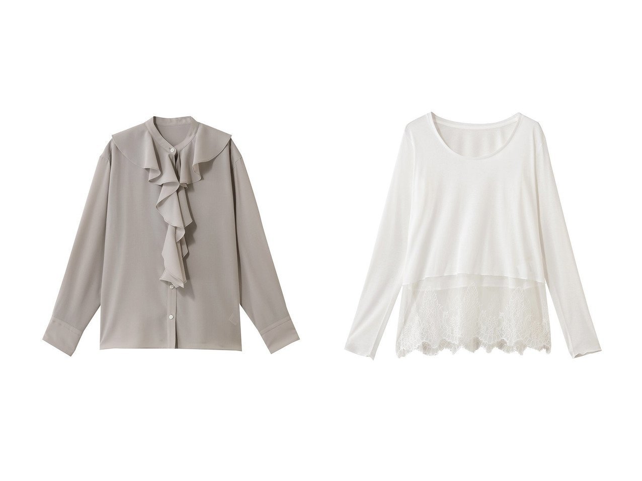 【GALLARDAGALANTE/ガリャルダガランテ】のラッフルタイブラウス&【martinique/マルティニーク】のレースコンビクルーネックカットソー おすすめ！トレンド、レディースファッションの通販 おすすめ人気トレンドファッション通販アイテム インテリア・キッズ・メンズ・レディースファッション・服の通販 founy(ファニー) 　ファッション　Fashion　レディースファッション　Fashion for Women　トップス・カットソー　Cut & Sew Tops　シャツ・ブラウス・オフィスカジュアル　Elegant Blouses & Button-Ups　ロングTシャツ・Tシャツ　Longline T-Shirts & Tees　カットソー・ベーシックTシャツ　Cut-and-Sewn Tops / Stretch Tees & Basics　おすすめ　Recommended / Our Picks　エレガント 上品　Elegant　スリーブ　Sleeve, Long Sleeve / Short Sleeve　ロング　Long, Long-Length　新作・新入荷　New Arrivals / New In　ホワイト系　White　グレー系　Gray　ベージュ系　Beige　ブラック系　Black　|ID:crp329100000225514