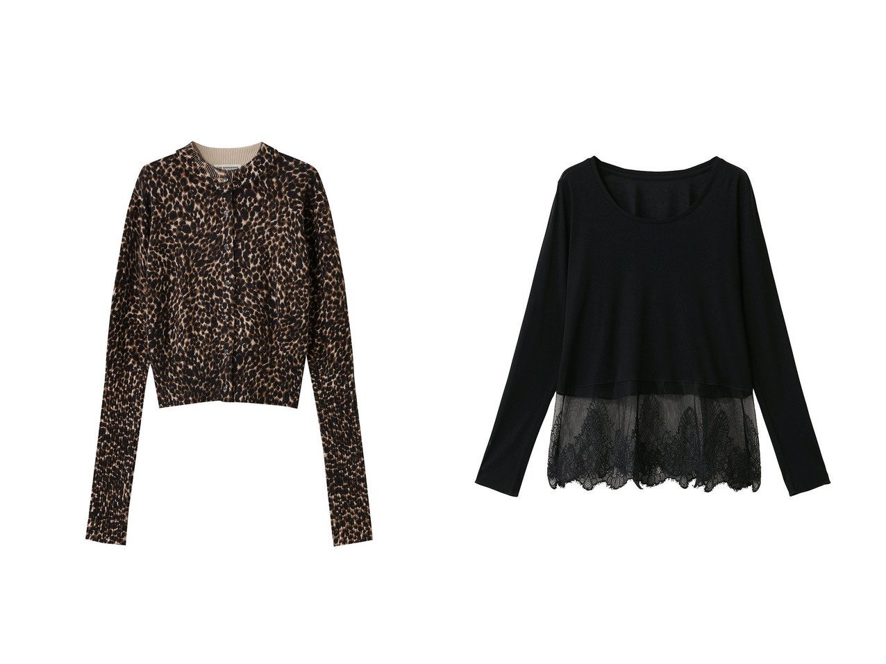 【Shinzone/シンゾーン】のレオパードロングリブニットカーディガン&【martinique/マルティニーク】のレースコンビクルーネックカットソー おすすめ！トレンド、レディースファッションの通販 おすすめ人気トレンドファッション通販アイテム インテリア・キッズ・メンズ・レディースファッション・服の通販 founy(ファニー) 　ファッション　Fashion　レディースファッション　Fashion for Women　トップス・カットソー　Cut & Sew Tops　ニット　Knit Tops & Sweaters　カーディガン・羽織り　Layered Style Cardigans　シャツ・ブラウス・オフィスカジュアル　Elegant Blouses & Button-Ups　ロングTシャツ・Tシャツ　Longline T-Shirts & Tees　カットソー・ベーシックTシャツ　Cut-and-Sewn Tops / Stretch Tees & Basics　2025年　2025　2025-2026秋冬・A/W　Autumn/Winter 2025–26 AW25–26　おすすめ　Recommended / Our Picks　カーディガン　Cardigan, Knitwear　レオパード　Leopard, Animal Print　定番　Standard, Basic Item　A/W・秋冬　Autumn/Winter　スウェット / スエット　Sweatshirt, Sweatwear　スリーブ　Sleeve, Long Sleeve / Short Sleeve　デコルテ　Décolleté, Neckline　フェミニン　Feminine, Girly　レース　Lace, Lace Fabric　ロング　Long, Long-Length　エレガント 上品　Elegant　新作・新入荷　New Arrivals / New In　ホワイト系　White　ブラック系　Black　|ID:crp329100000225516