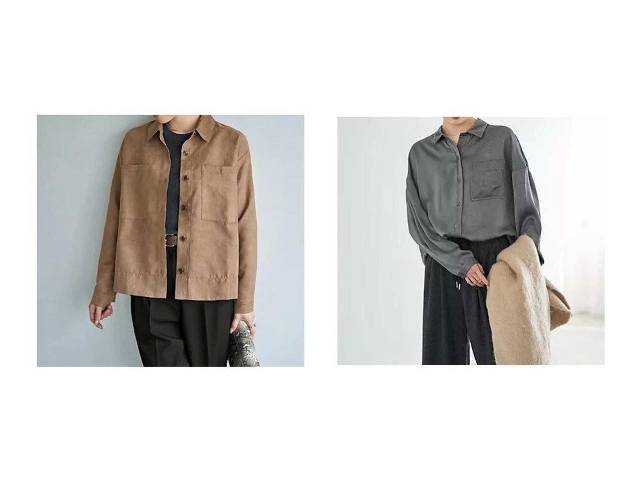 【STYLE DELI/スタイルデリ】の【LUXE】シボ入りとろみサテンシャツB&【LUXE】ライトスエードシャツ型ジャケット おすすめ！トレンド、レディースファッションの通販 おすすめ人気トレンドファッション通販アイテム インテリア・キッズ・メンズ・レディースファッション・服の通販 founy(ファニー) 　ファッション　Fashion　レディースファッション　Fashion for Women　トップス・カットソー　Cut & Sew Tops　シャツ・ブラウス・オフィスカジュアル　Elegant Blouses & Button-Ups　アウター　Coat / Outerwear Collection　レディースジャケット・軽アウター　Jackets　イエロー　Yellow　インナー　Innerwear　カフス　Cuff Design　サテン　Satin, Glossy Fabric　ストレート　Straight, Straight Cut　スリット　Slit, Slit Detail　とろみ　Fluid, Flowy Fabric　なめらか　Smooth, Silky Texture　長袖　Long Sleeve, Full Sleeve　フロント　Front, Front Design　ポケット　Pocket, Pocket Detail　ミドル　Middle Length, Mid Height　メタリック　Metallic, Shiny Finish　ラウンド　Round, Round Neck　夏　Summer　春　Spring　シンプル　Simple, Minimal　ジャケット　Jacket, Outerwear　スタイリッシュ　Stylish, Fashionable　スマート　Smart, Elegant　タートルネック　Turtleneck, High Neck　マーブル　Marble, Marble Pattern　冬　Winter / This Winter　グレー系　Gray　ベージュ系　Beige　ブラウン系　Brown　|ID:crp329100000225526