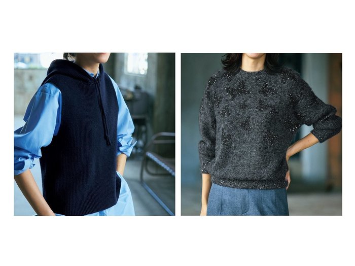 【DoCLASSE/ドゥクラッセ】のラムズウールニット・フードベスト&スパンコールジャカード・ニットプルオーバー 40代、50代の方におすすめ！トレンド、レディースファッションの通販 おすすめ人気トレンドファッション通販アイテム 人気、トレンドファッション・服の通販 founy(ファニー) ファッション Fashion レディースファッション Fashion for Women アウター Coat / Outerwear Collection レディースジャケット・軽アウター Jackets トップス・カットソー Cut & Sew Tops ニット Knit Tops & Sweaters カジュアルプルオーバー・ニットトップス Pullovers & Knit Tops / Casual Pullovers 新作・新入荷 New Arrivals / New In ジャケット Jacket, Outerwear ストライプ Stripe, Striped Pattern フォルム Silhouette, Form ベスト Vest, Waistcoat 畦 Ribbed Knit ジャカード／ジャガード Jacquard, Woven Pattern スタイリッシュ Stylish, Fashionable スパンコール Sequins, Sequin Embellishment セーター Sweater, Knitwear |ID:crp329100000225533